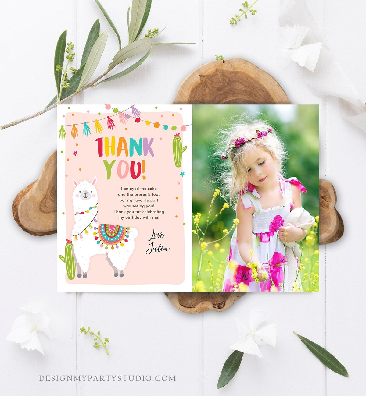 Editable Whole Llama Fun Thank You Card Llama Alpaca Birthday Cactus Girl Pink Fiesta Mexican Photo Download Printable Corjl Template 0079