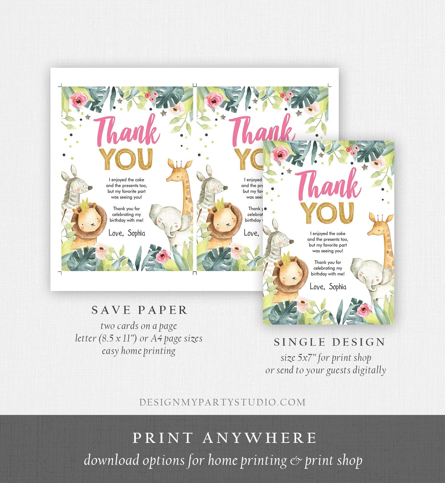 Editable Safari Animals Thank You Card Wild One Two Wild Thank You Note Girl Pink Party Animals Watercolor Digital Template Printable 0163