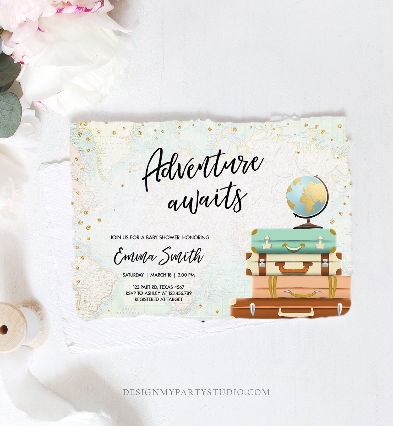 Editable Adventure Awaits Baby Shower Invitation Sprinkle Gold Confetti Suitcases Globe Travel Around World Printable Corjl Template 0263