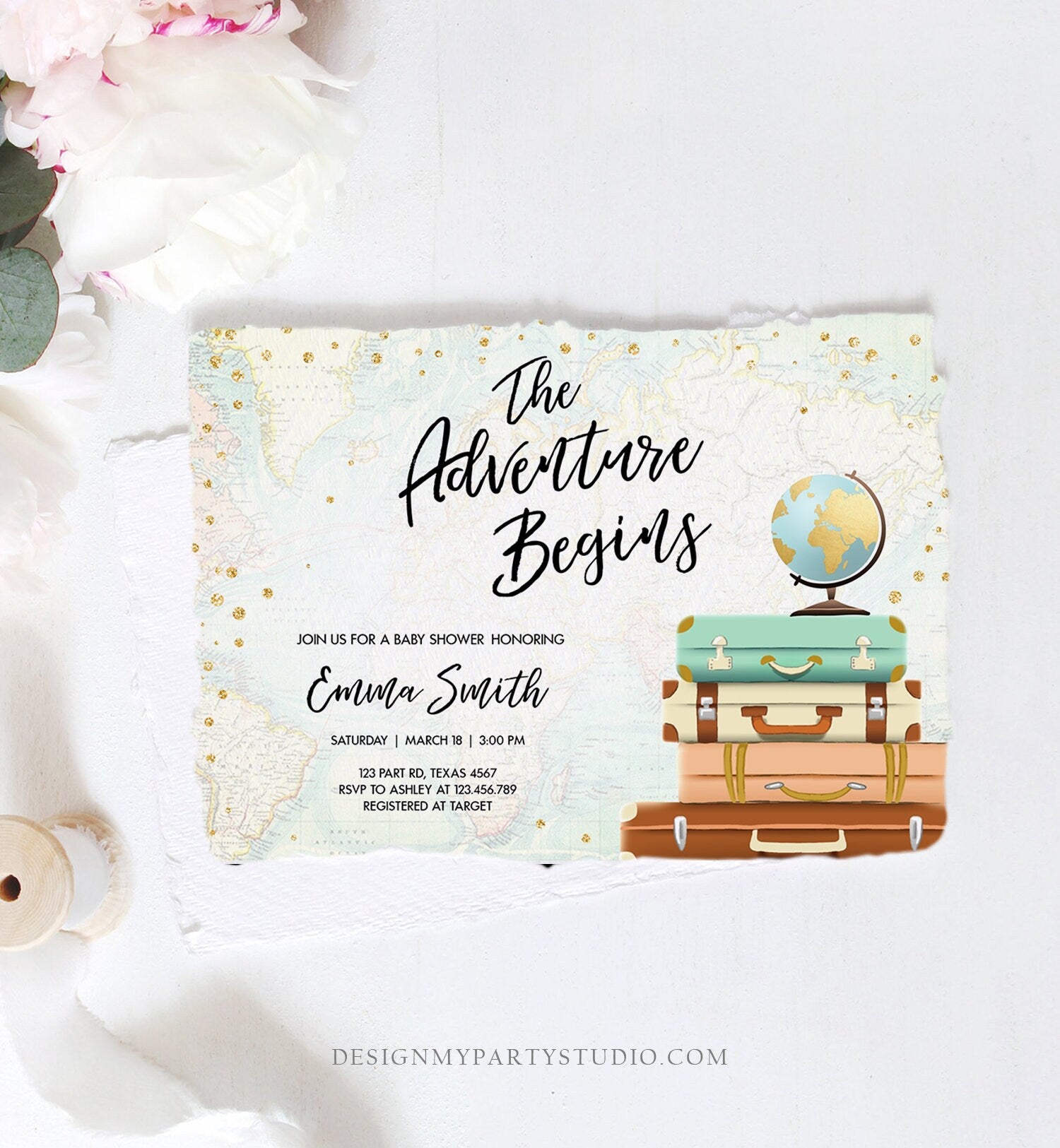 Editable The Adventure Begins Baby Shower Invitation Gold Confetti Suitcases Globe Travel Around World Printable Corjl Template 0263