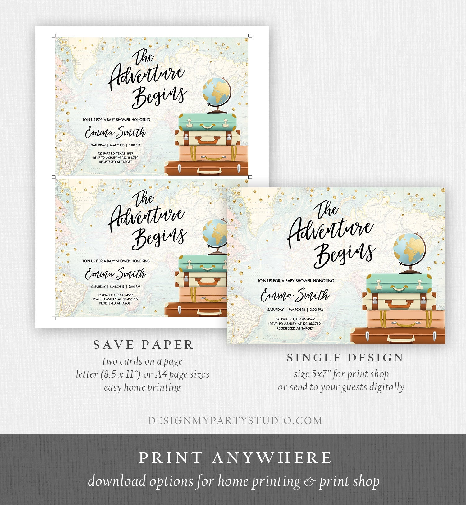 Editable The Adventure Begins Baby Shower Invitation Gold Confetti Suitcases Globe Travel Around World Printable Corjl Template 0263