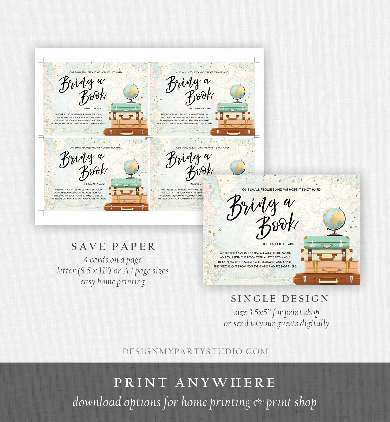 Editable Travel Bring a Book Card Baby Shower Books for Baby Adventure Awaits Journey Begins Suitcases Globe Corjl Template Printable 0263