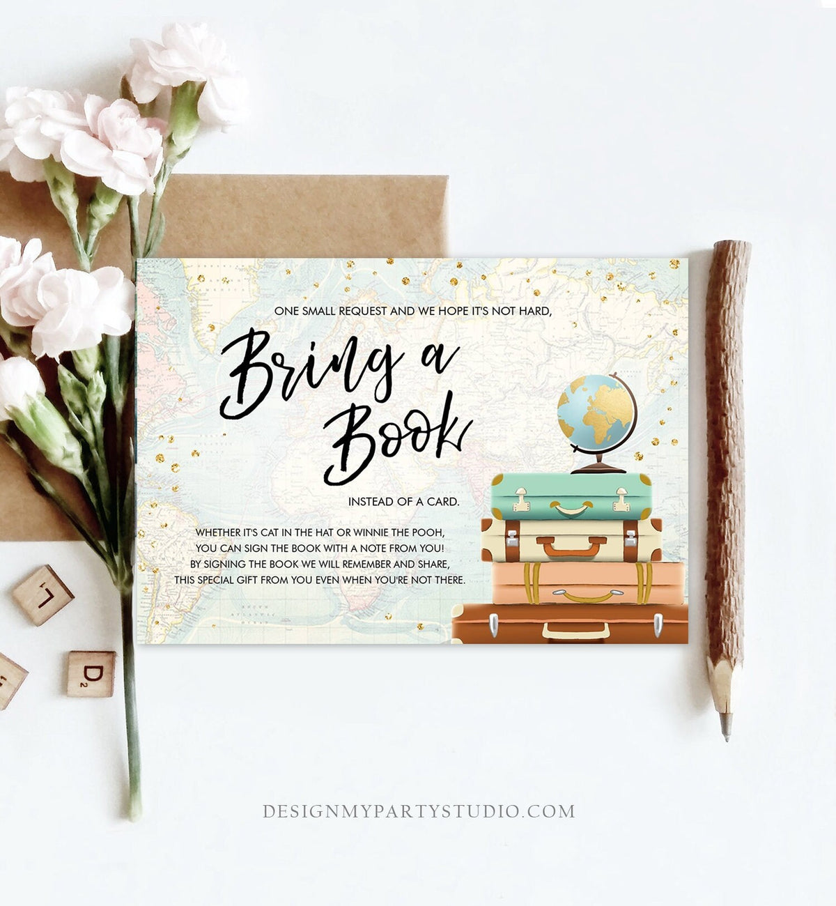 Editable Travel Bring a Book Card Baby Shower Books for Baby Adventure Awaits Journey Begins Suitcases Globe Corjl Template Printable 0263