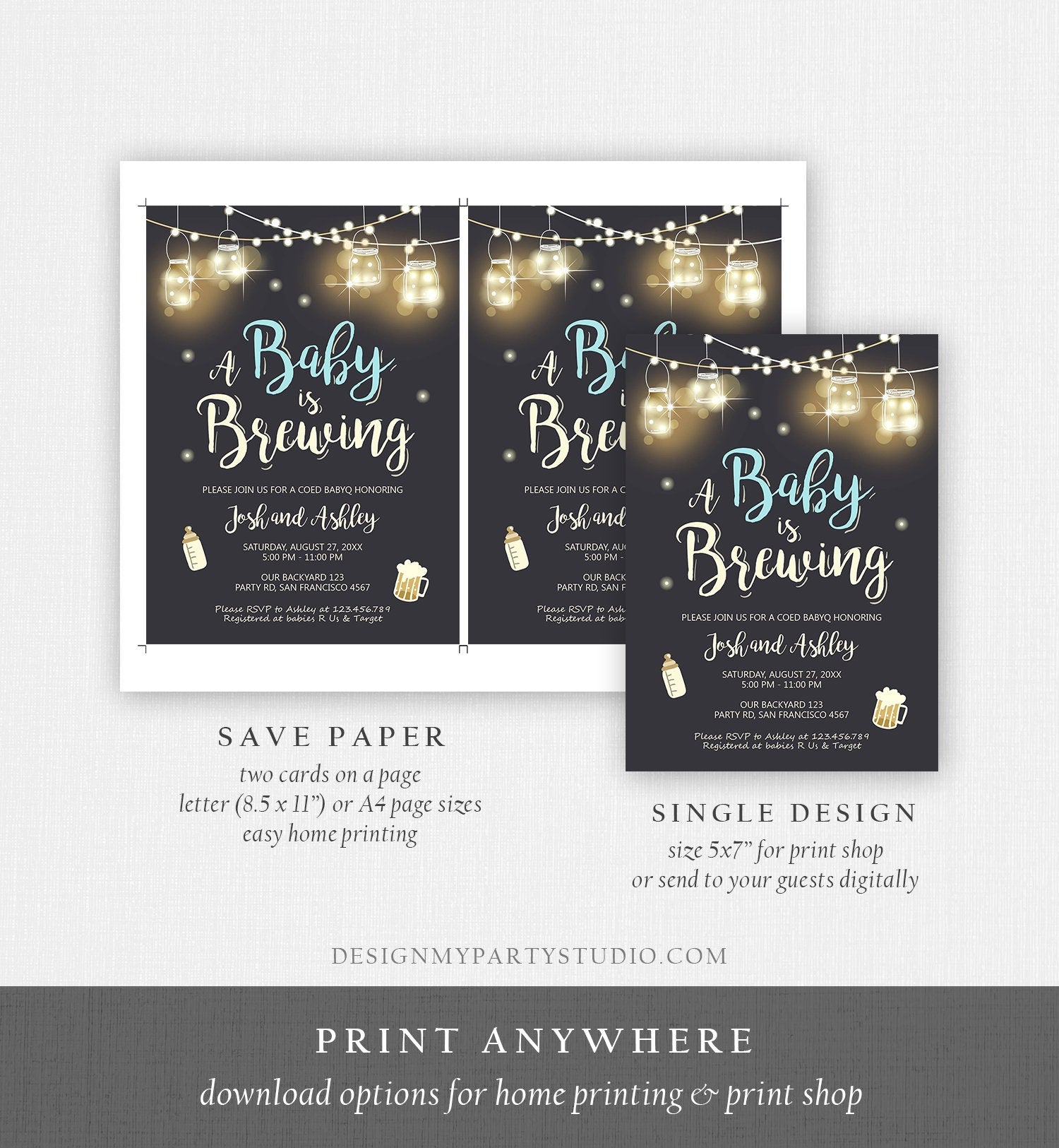 Editable A Baby is Brewing Invitation Bottle and Beers Baby Shower BaByQ BBQ Coed Couples Shower Boy Download Printable Template Corjl 0024