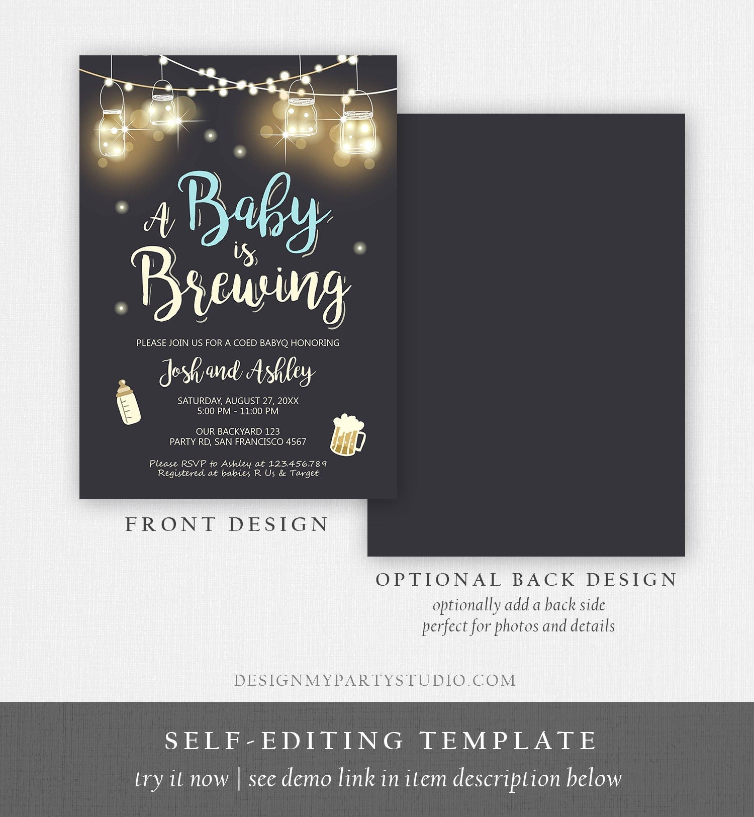 Editable A Baby is Brewing Invitation Bottle and Beers Baby Shower BaByQ BBQ Coed Couples Shower Boy Download Printable Template Corjl 0024