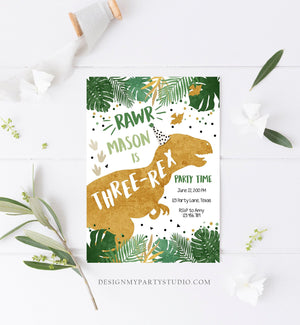 Editable Three-Rex Dinosaur Birthday Invitation Dino T-Rex Third Birthday 3rd Rawr Boy Green Gold Prehistoric Printable Corjl Template 0146