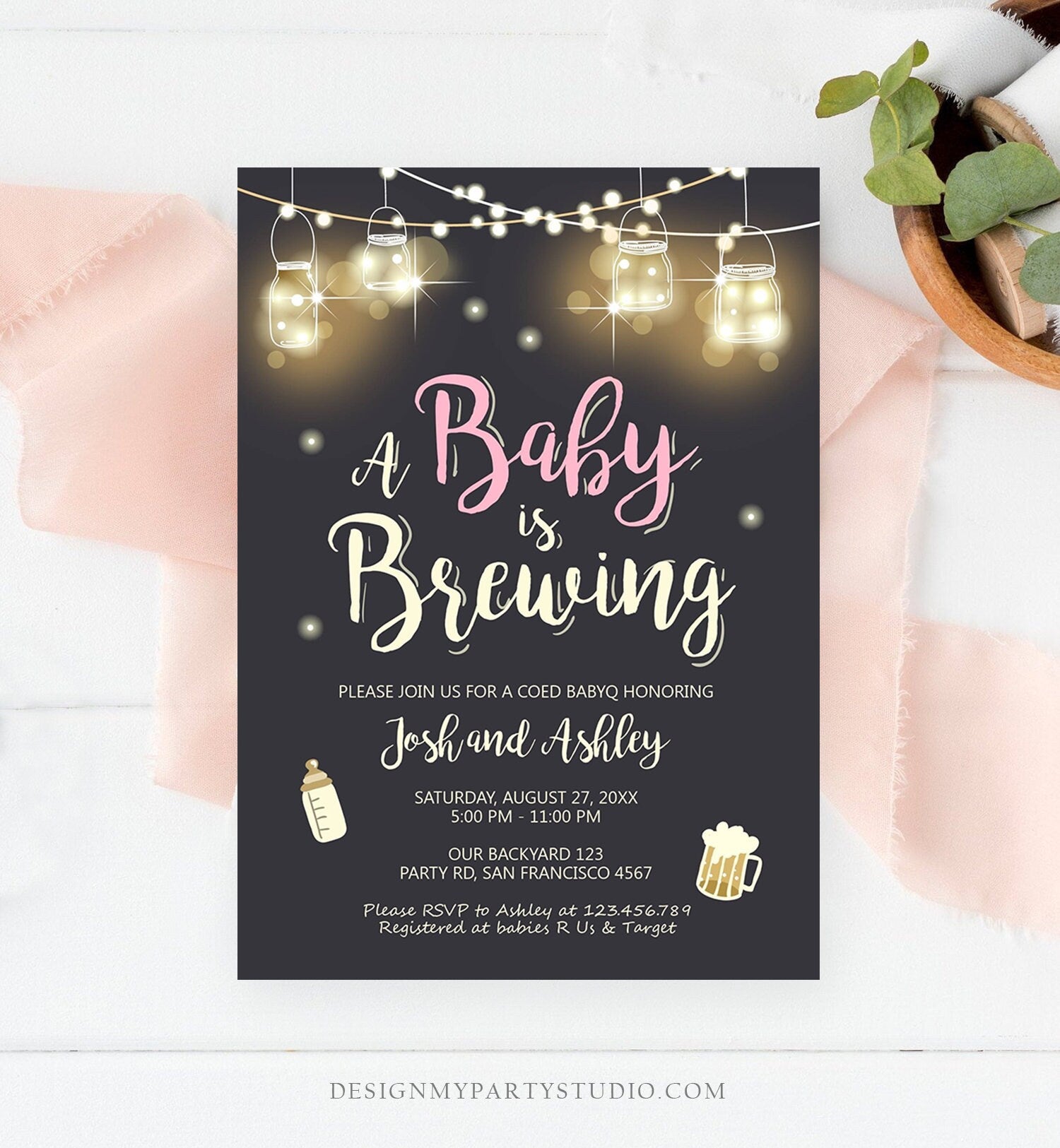 Editable A Baby is Brewing Invitation Bottle and Beers Baby Shower BaByQ BBQ Coed Couples Shower Girl Download Printable Template Evite 0024