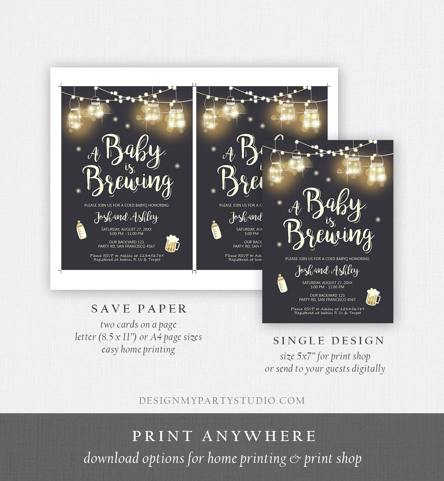 Editable A Baby is Brewing Invitation Bottle and Beers Baby Shower BaByQ BBQ Coed Couples Shower Download Printable Template Corjl 0024