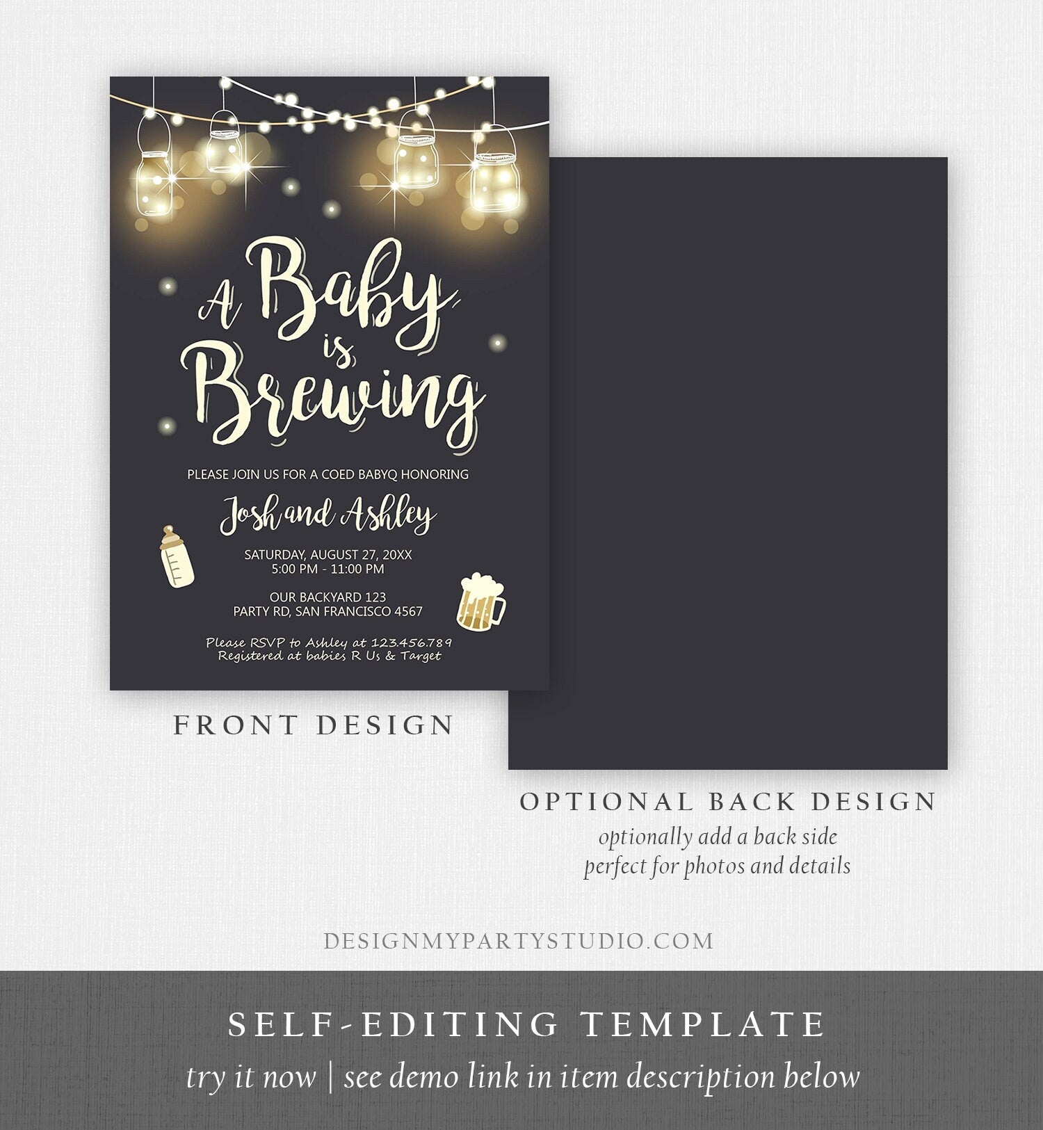 Editable A Baby is Brewing Invitation Bottle and Beers Baby Shower BaByQ BBQ Coed Couples Shower Download Printable Template Corjl 0024