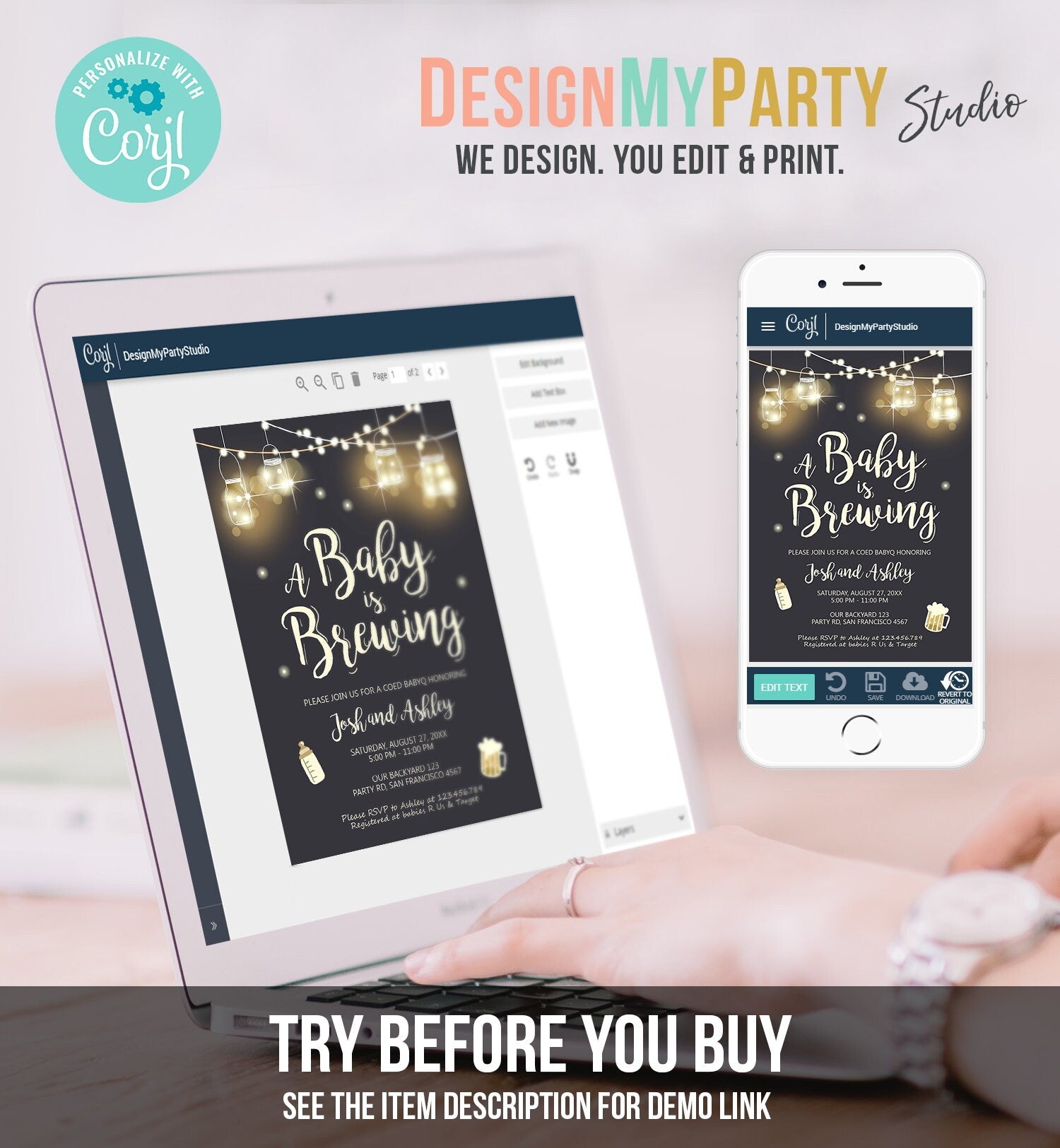 Editable A Baby is Brewing Invitation Bottle and Beers Baby Shower BaByQ BBQ Coed Couples Shower Download Printable Template Corjl 0024