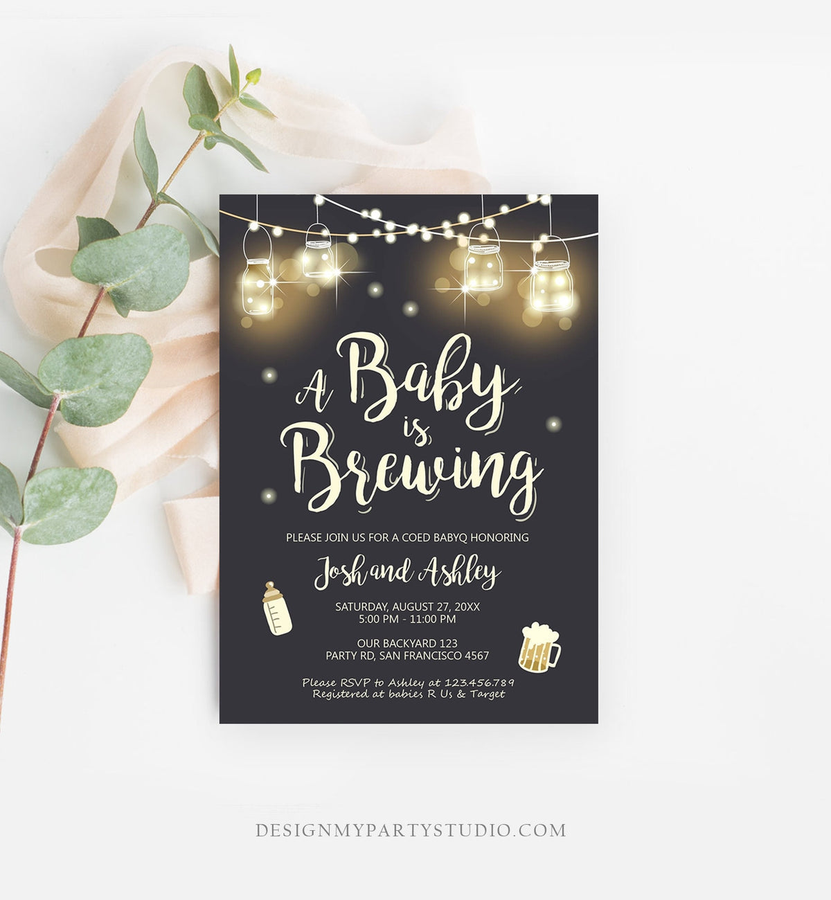 Editable A Baby is Brewing Invitation Bottle and Beers Baby Shower BaByQ BBQ Coed Couples Shower Download Printable Template Corjl 0024