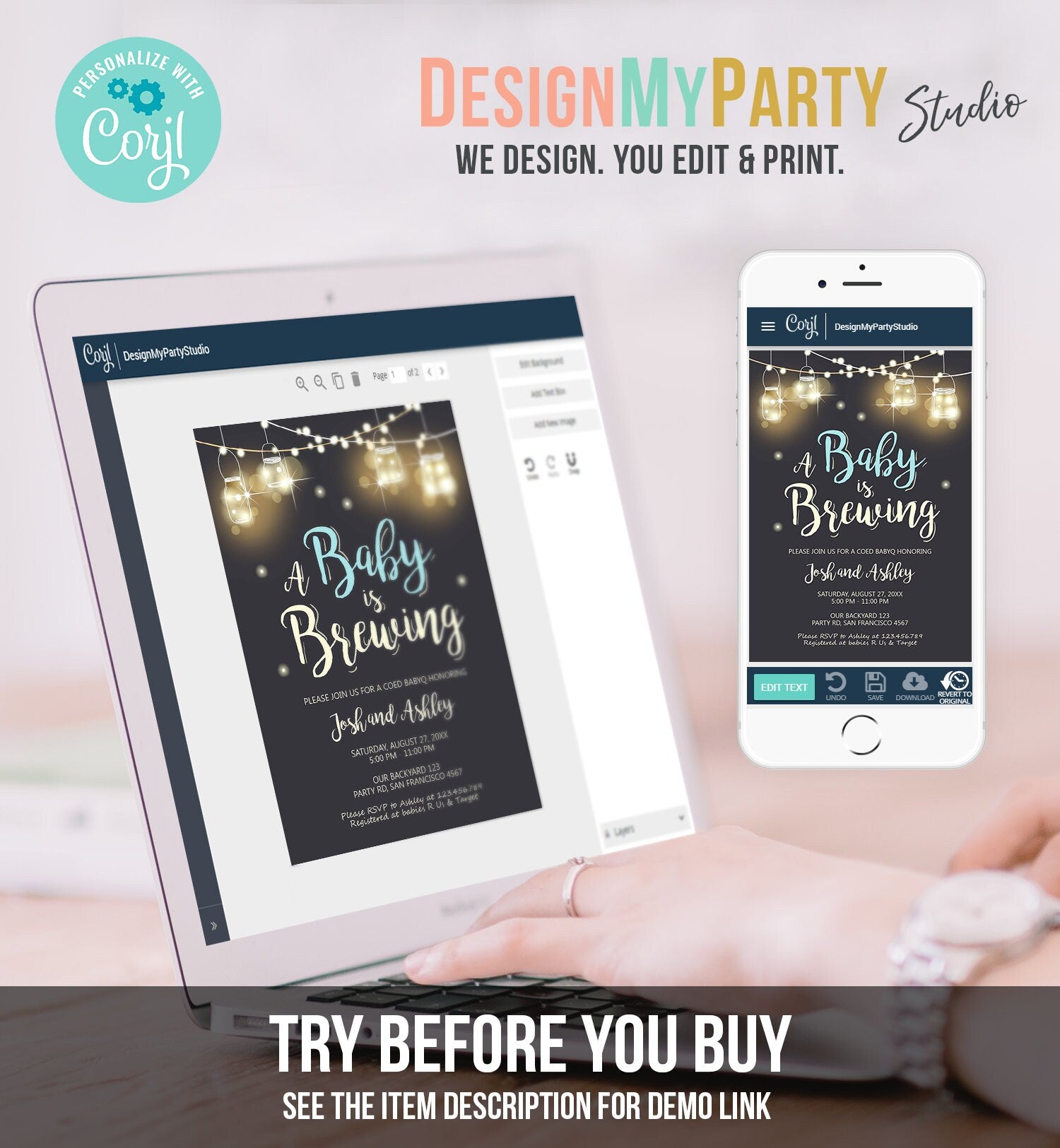 Editable A Baby is Brewing Invitation Bottle and Beers Baby Shower BaByQ BBQ Coed Couples Shower Boy Download Printable Template Corjl 0024