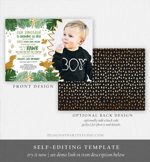 Editable Dinosaur Birthday Invitation ANY AGE Dino Dig Party Prehistoric Boy Gold Green T-Rex Photo Download Printable Corjl Template 0146