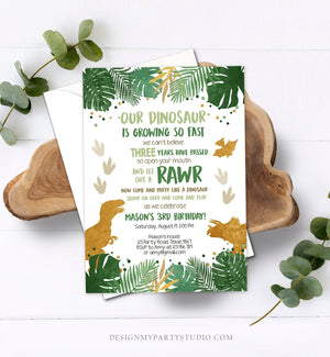 Editable Dinosaur Birthday Invitation ANY AGE Dino Dig Party Prehistoric Boy Gold Green T-Rex Photo Download Printable Corjl Template 0146