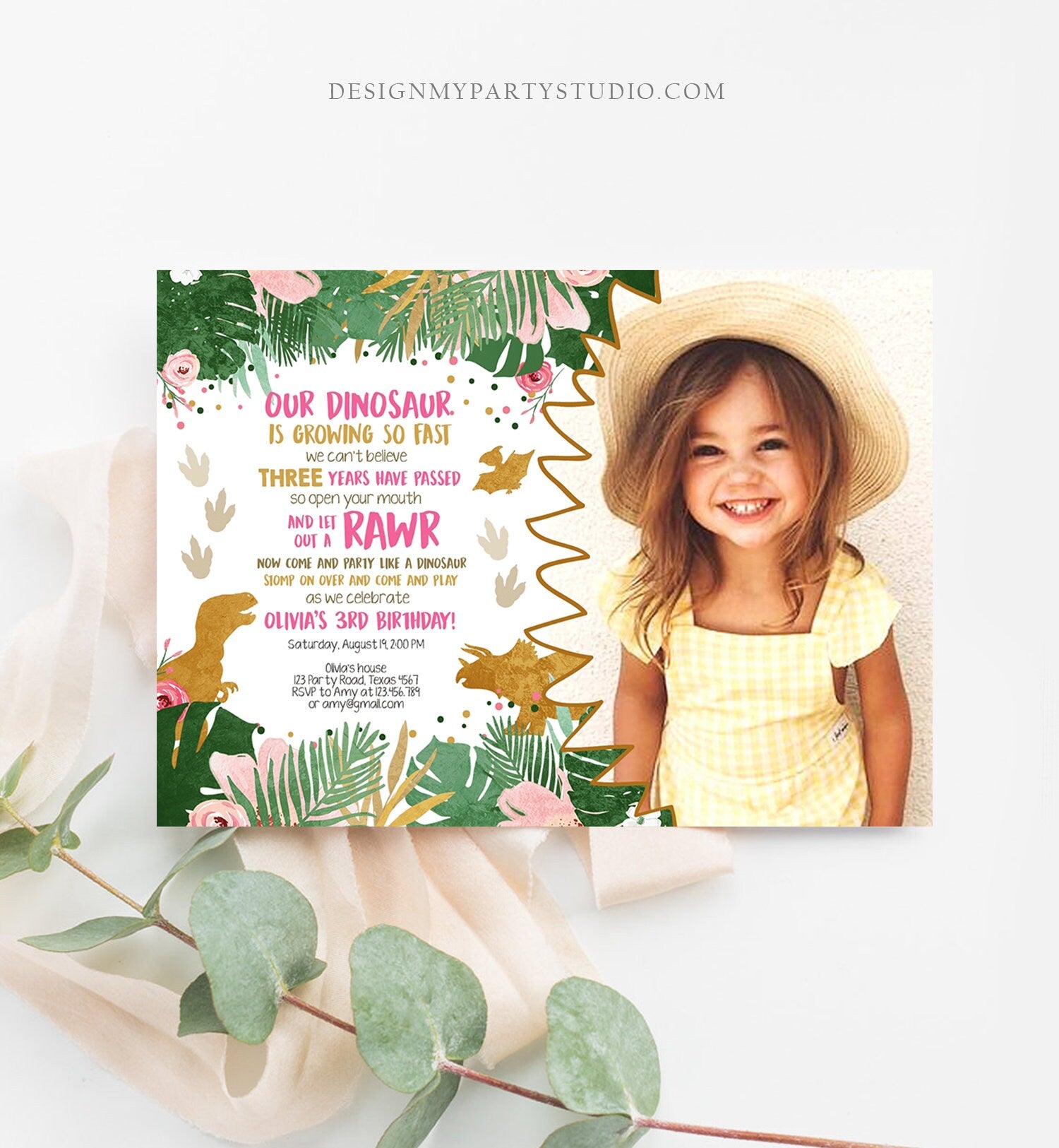 Editable Dinosaur Birthday Invitation ANY AGE Dino Dig Party Prehistoric Girl Pink Gold T-Rex Photo Download Corjl Template Printable 0146