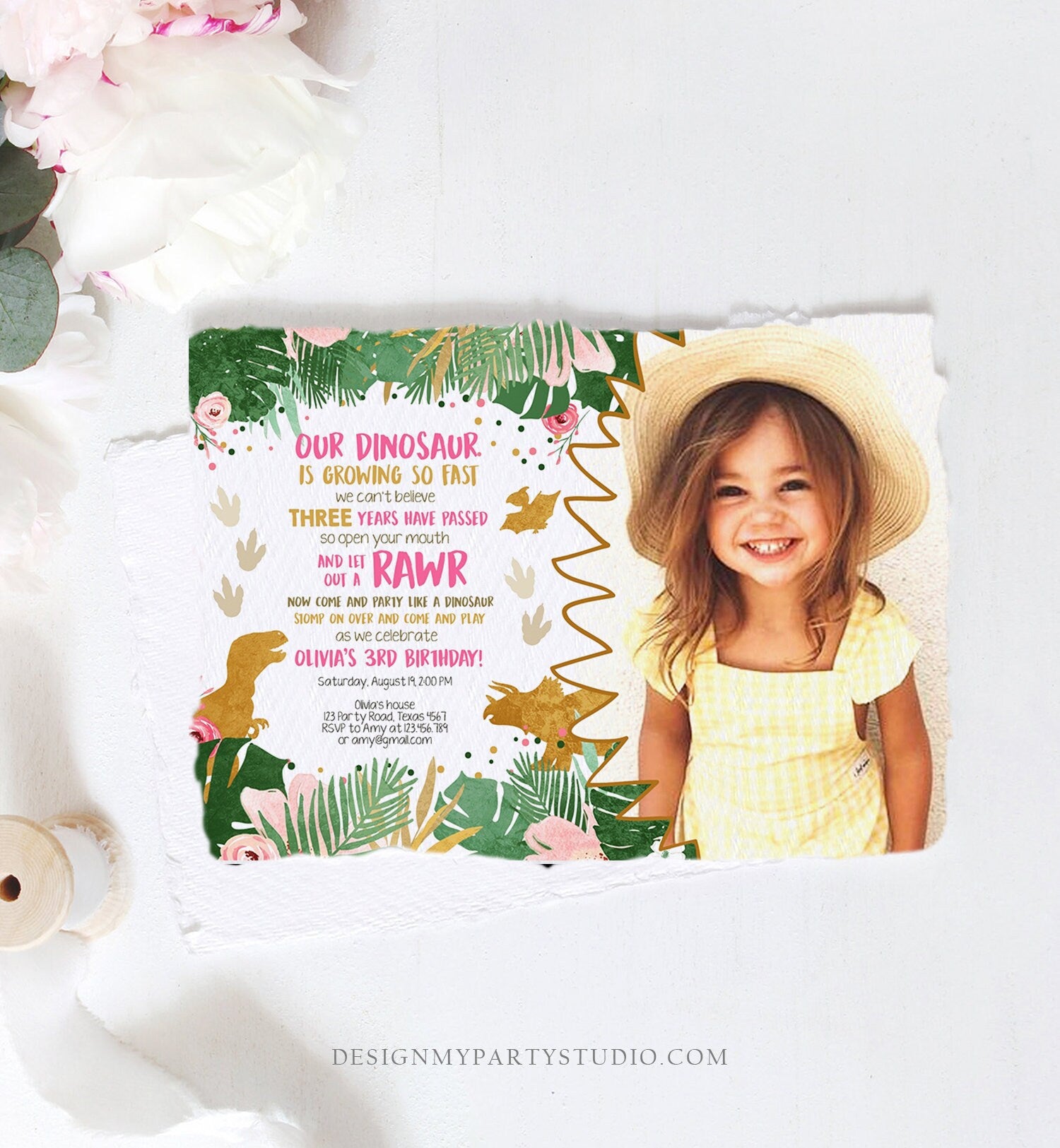 Editable Dinosaur Birthday Invitation ANY AGE Dino Dig Party Prehistoric Girl Pink Gold T-Rex Photo Download Corjl Template Printable 0146