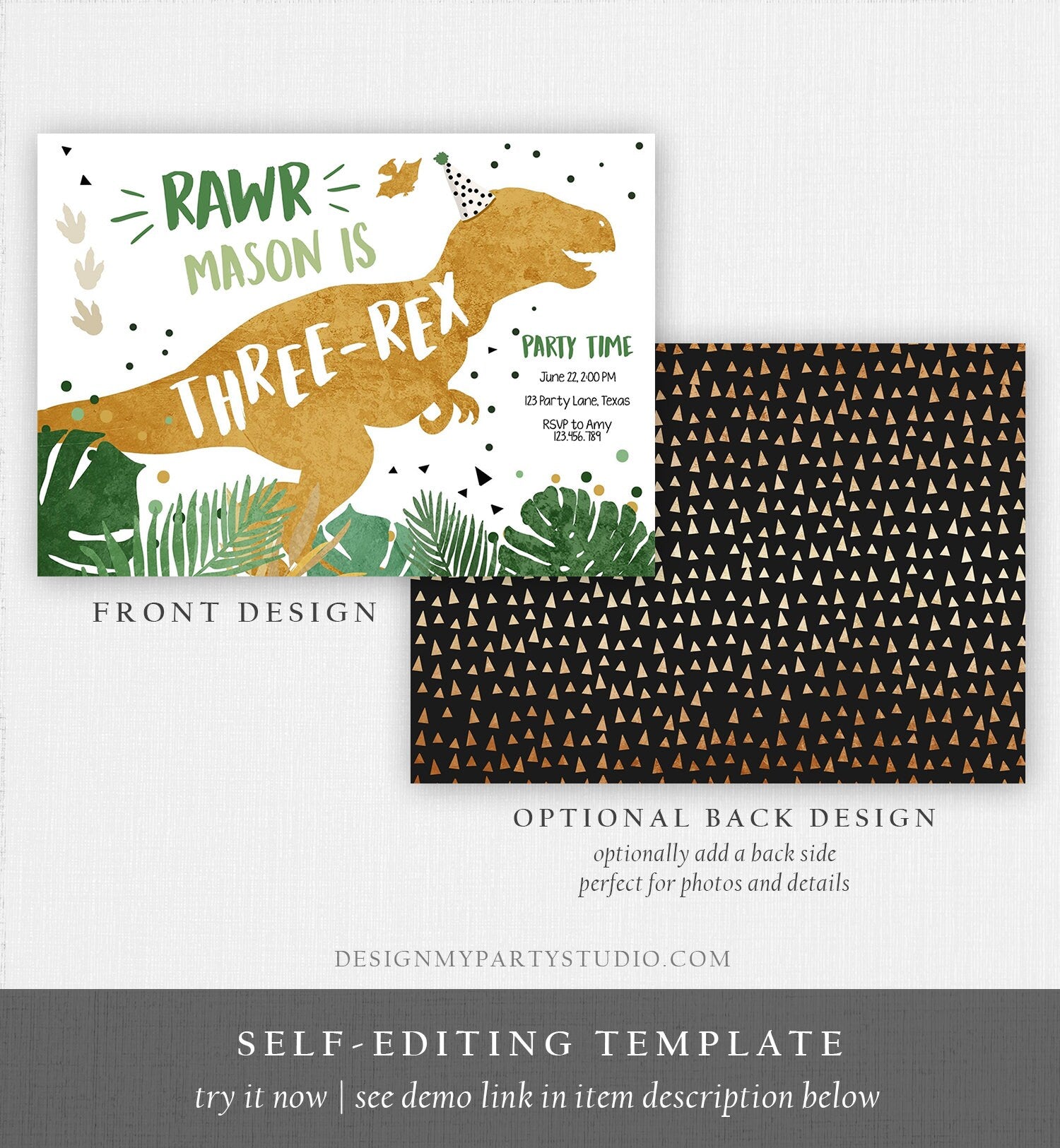 Editable Three-Rex Dinosaur Birthday Invitation Dino T-Rex Third Birthday 3rd Rawr Boy Green Gold Digital Download Template Printable 0146