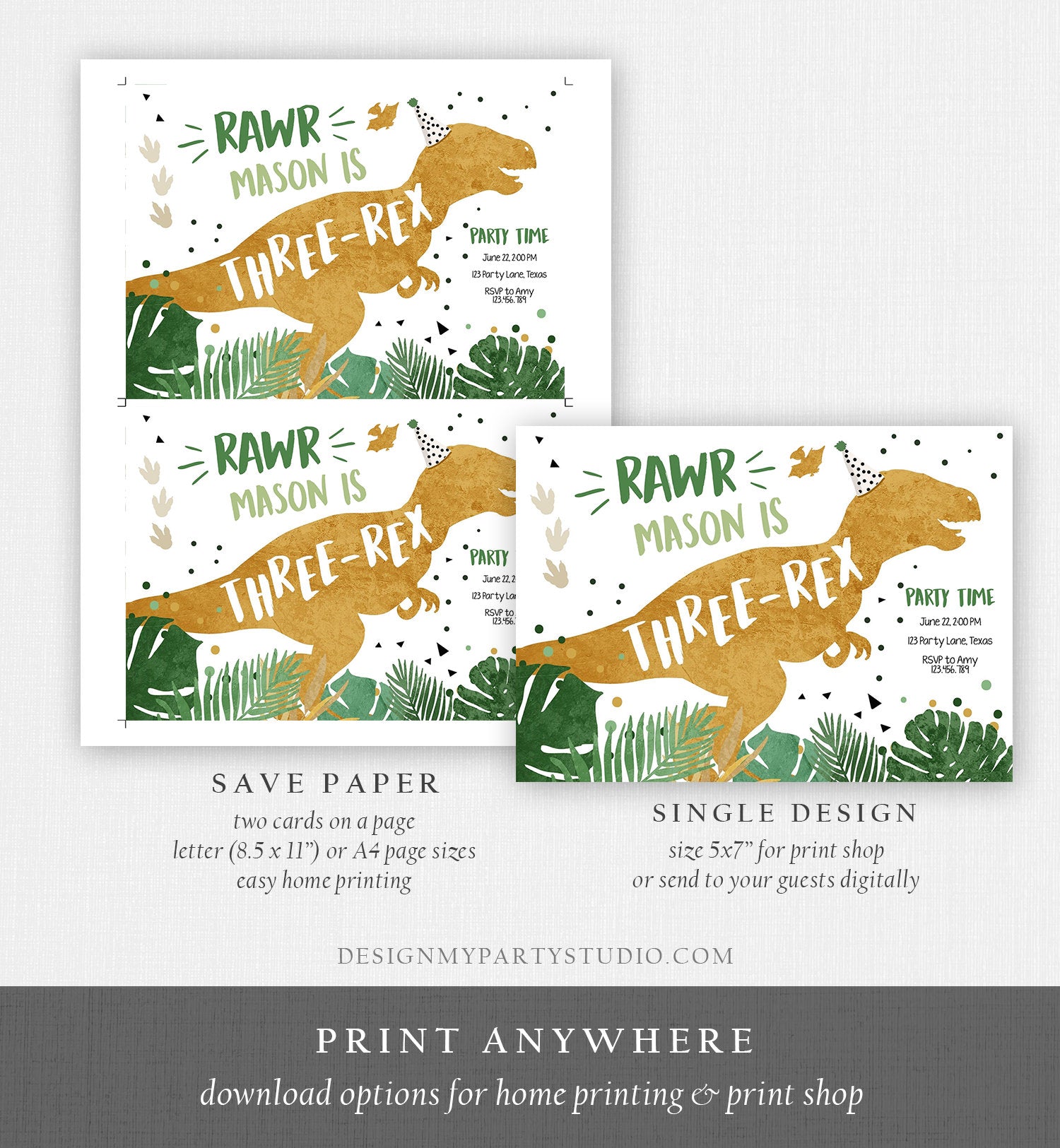 Editable Three-Rex Dinosaur Birthday Invitation Dino T-Rex Third Birthday 3rd Rawr Boy Green Gold Digital Download Template Printable 0146