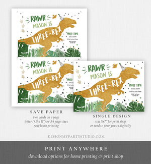 Editable Three-Rex Dinosaur Birthday Invitation Dino T-Rex Third Birthday 3rd Rawr Boy Green Gold Prehistoric Printable Corjl Template 0146