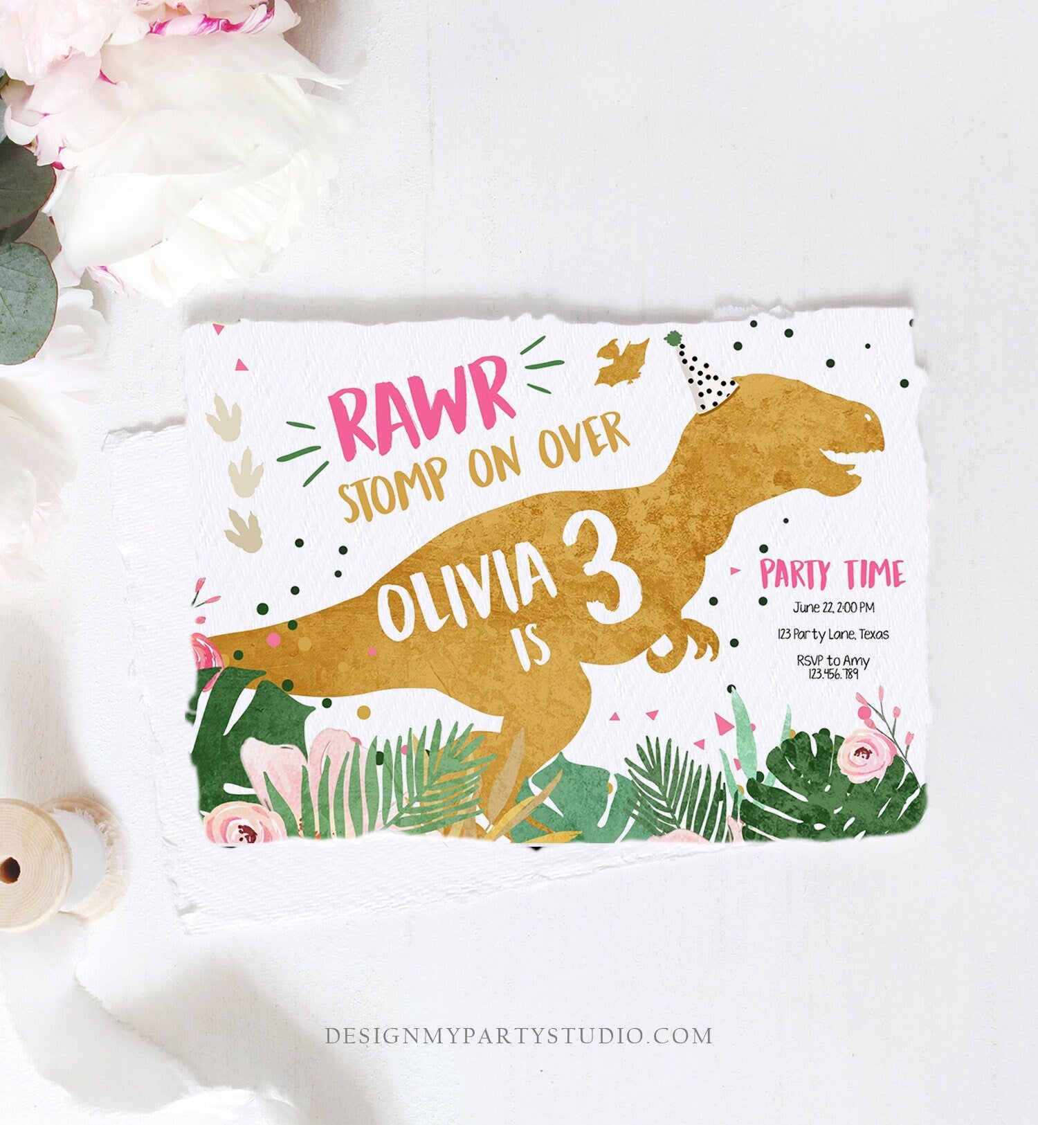 Editable Three-Rex Dinosaur Birthday Invitation Dino T-Rex Third Birthday 3rd RAWR Girl Pink Gold Prehistoric Corjl Template Printable 0146