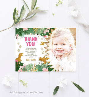 Editable Dinosaur Thank You Card Birthday Note Pink Gold Girl Dino Party T-Rex Photo Instant Download Printable Corjl Template Digital 0146