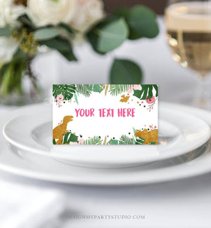 Editable Dinosaur Food Labels Dinosaur Party Place Card Tent Card Escort Card Pink Girl Gold Green Dino Birthday T-Rex Corjl Template 0146