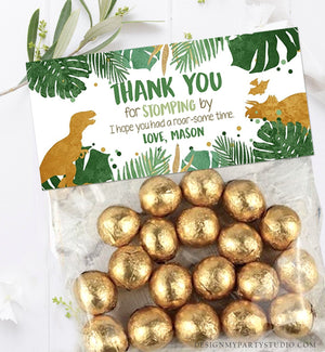 Editable Dinosaur Treat Bag Toppers Boy Gold Dinosaur Birthday Party Thank You for Stomping By Dino Favor Bag Corjl Template Printable 0146