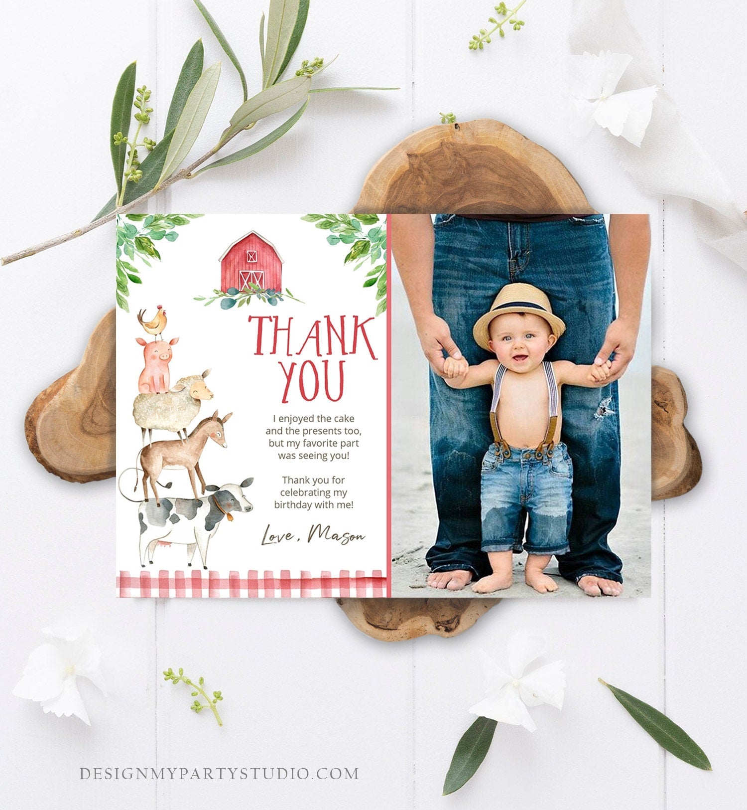 Editable Farm Animals Thank You Card Red Gingham Boy Farm Birthday Barnyard Party Animals Note Digital Download Template Printable 0155