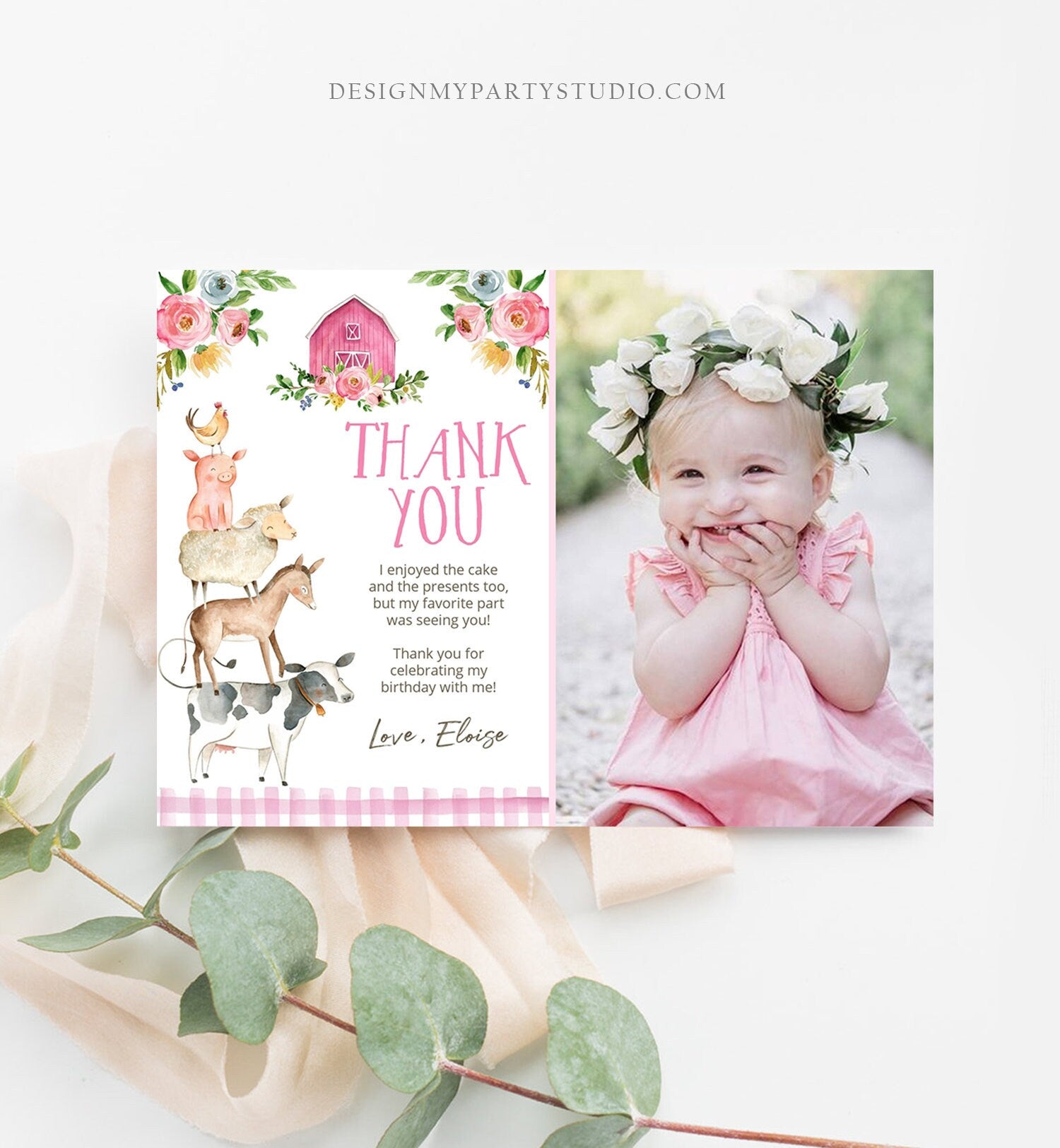 Editable Farm Animals Thank you Card Pink Farm Birthday Girl Barnyard Thank You Card Birthday Template Instant Download Corjl 0155