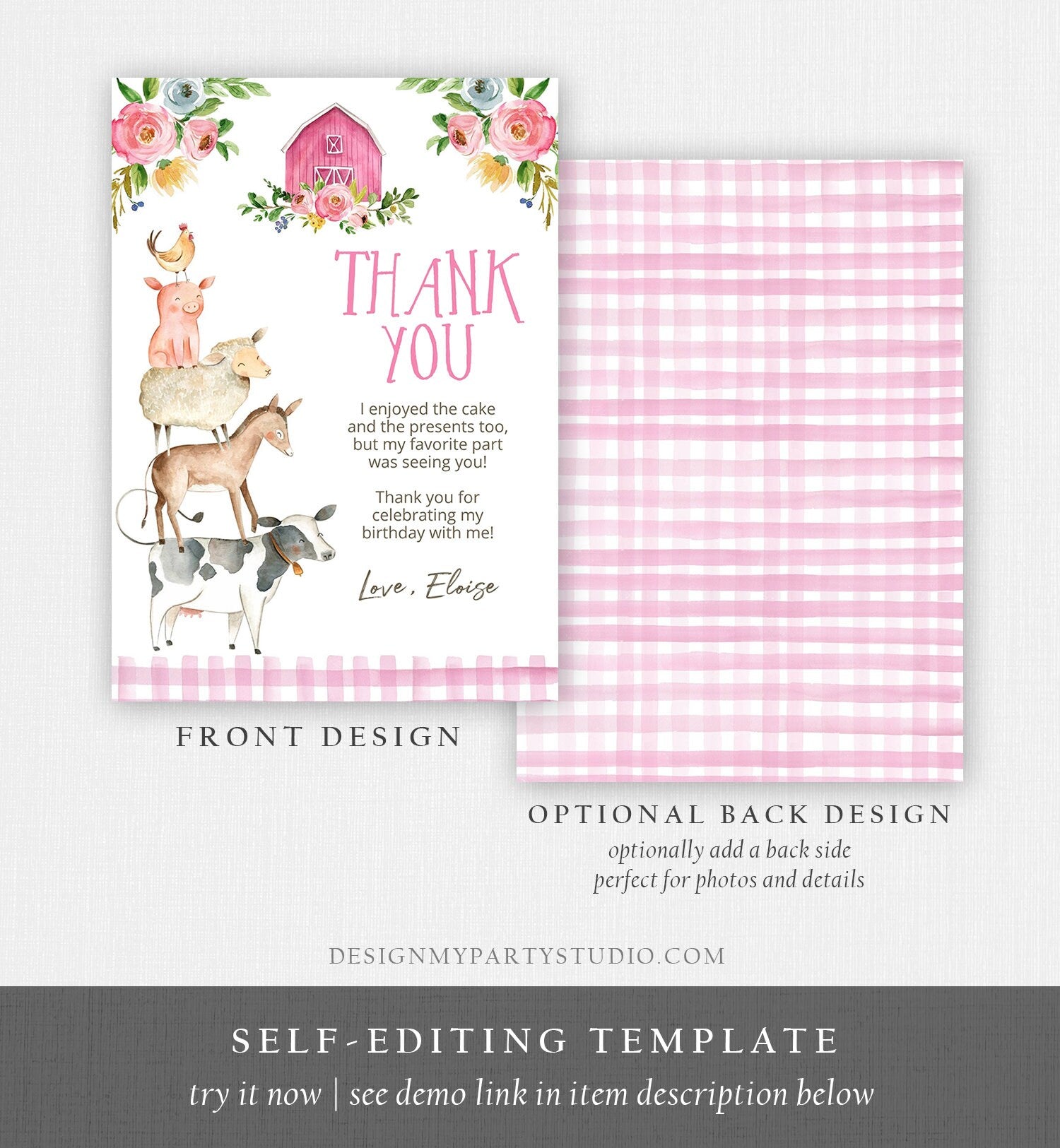 Editable Farm Animals Thank you Card Pink Farm Birthday Girl Barnyard Thank You Card Birthday Template Instant Download Corjl 0155