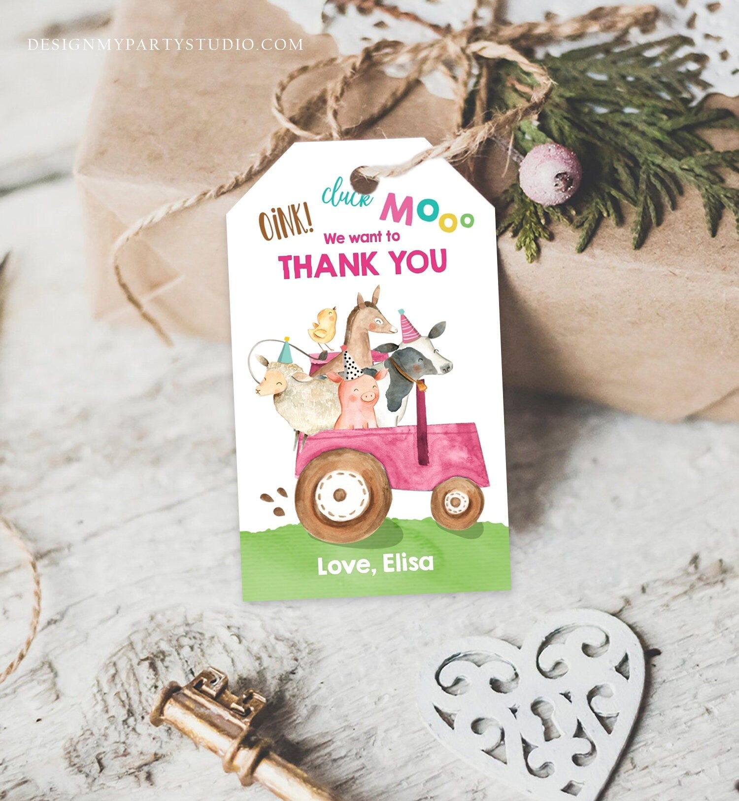 Editable Farm Favor Tags Tags Pink Farm Birthday Thank you tags Barnyard Gift Tags Pink Tractor Birthday Template PRINTABLE Corjl 0155