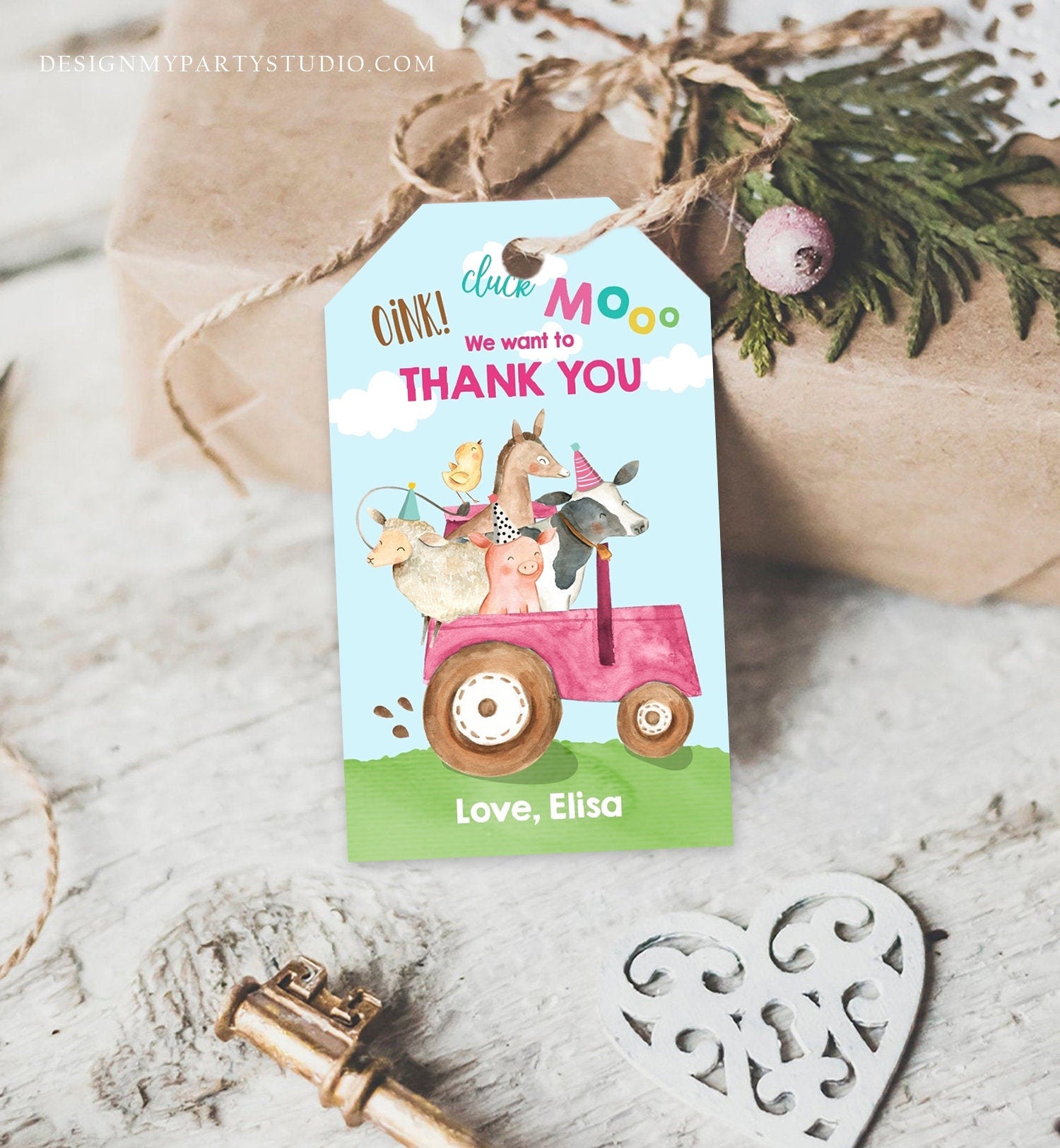 Editable Farm Favor Tags Tags Pink Farm Birthday Thank you tags Barnyard Gift Tags Pink Tractor Birthday Template PRINTABLE Corjl 0155