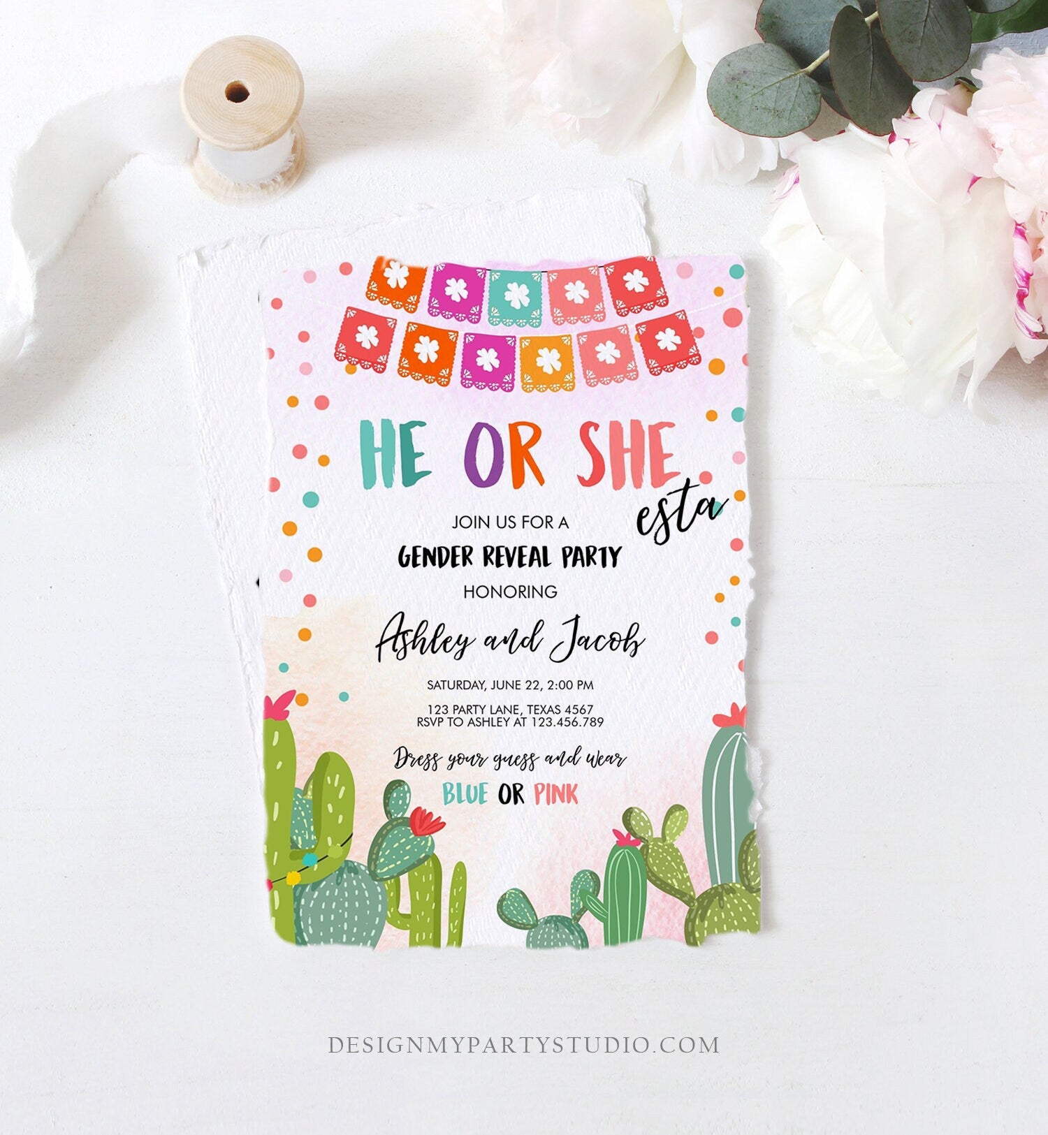 Editable Fiesta Gender Reveal Invitation He or She Boy or Girl Cactus Mexican She-esta Cactus Blue Pink Template Download Digital Corjl 0135