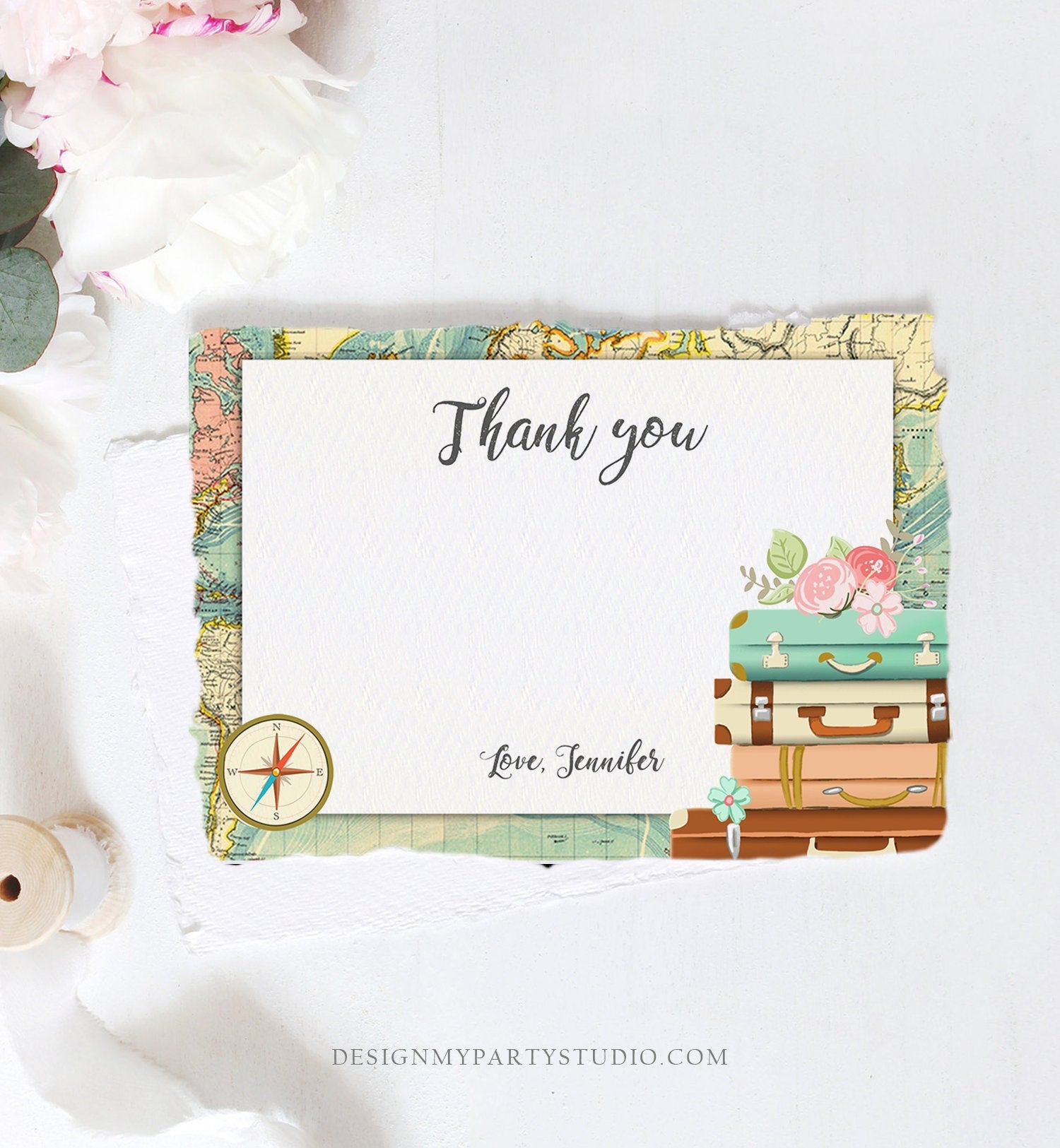 Editable Travel Thank You Card Bridal Shower Thank You Note Adventure Birthday Baby Shower Suitcases Vintage World Map Corjl Template 0044