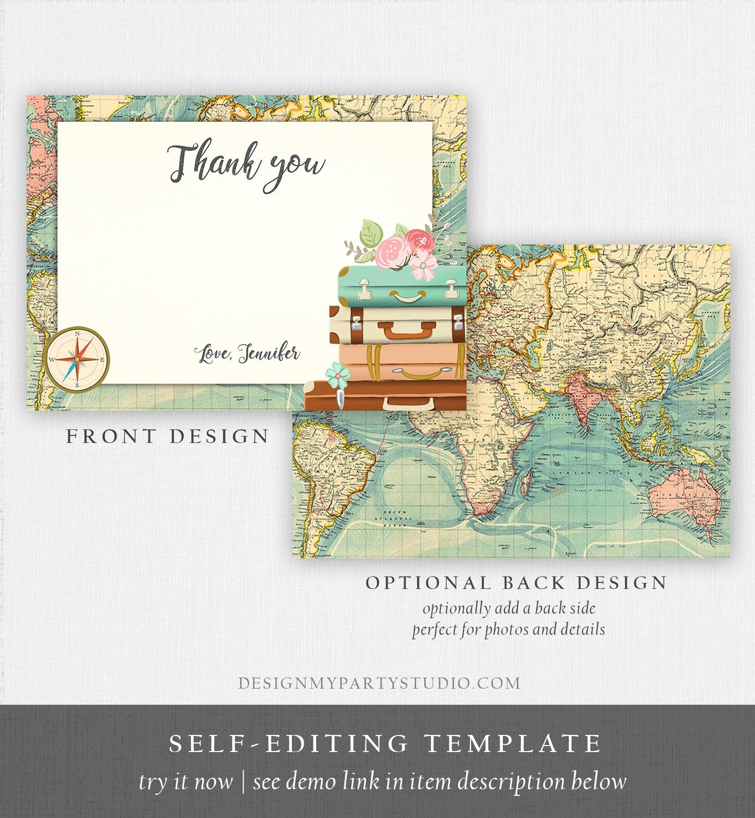 Editable Travel Thank You Card Bridal Shower Thank You Note Adventure Birthday Baby Shower Suitcases Vintage World Map Corjl Template 0044