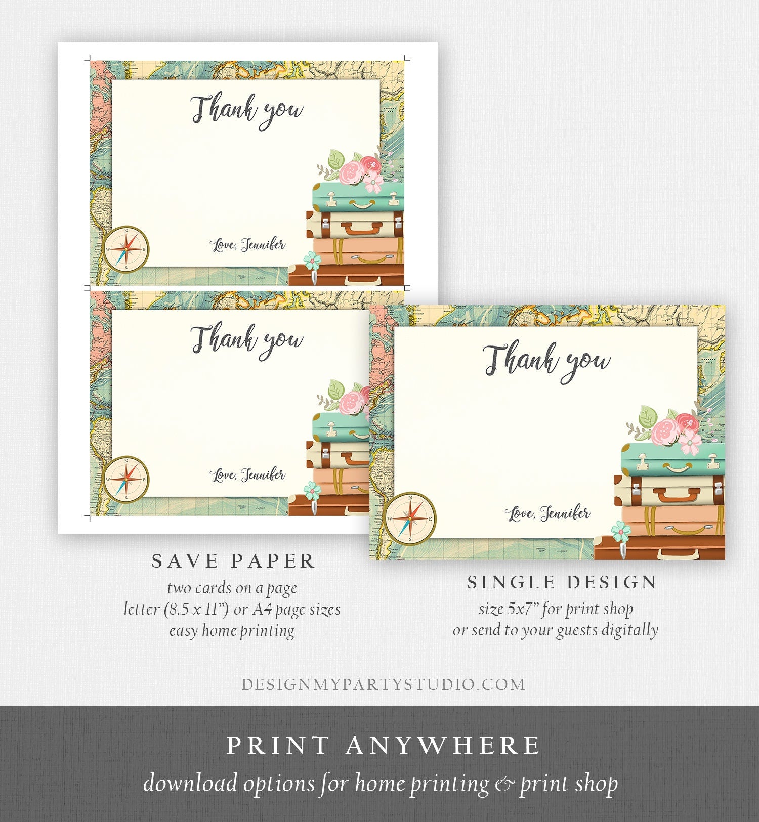 Editable Travel Thank You Card Bridal Shower Thank You Note Adventure Birthday Baby Shower Suitcases Vintage World Map Corjl Template 0044