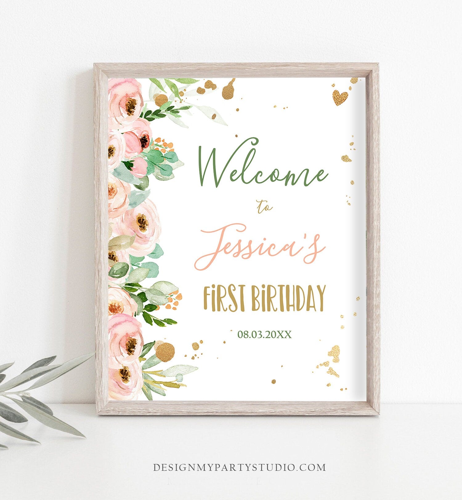 Editable Floral Welcome Sign First Birthday Little Miss Onederful Peach Pink Gold Peonies Baby Shower 16x20 24x36 Corjl Template 0147