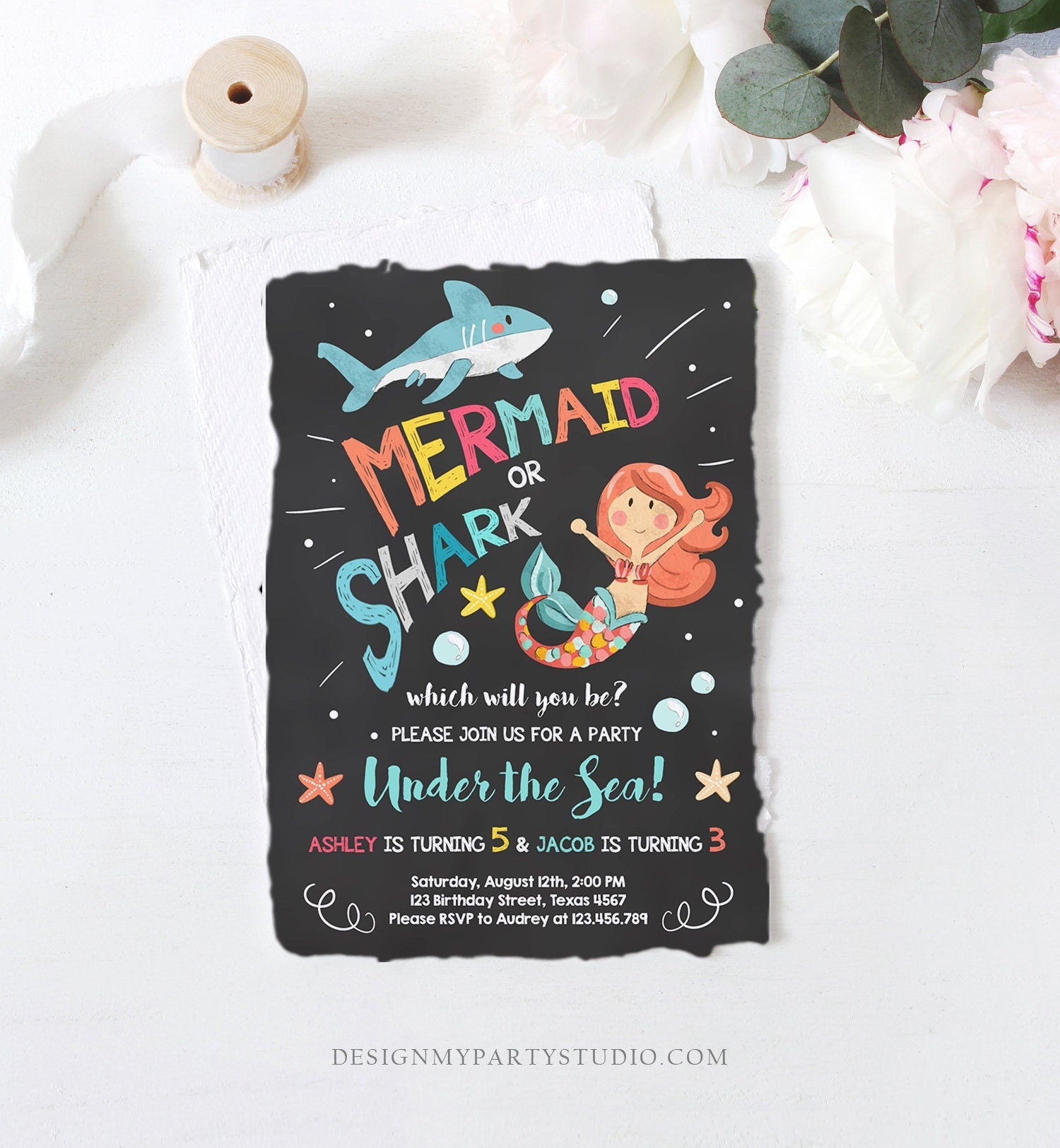 Editable Mermaid or Shark Birthday Invitation Under The Sea Party Coed Pool Party Brother Sister Download Corjl Template Printable 0197