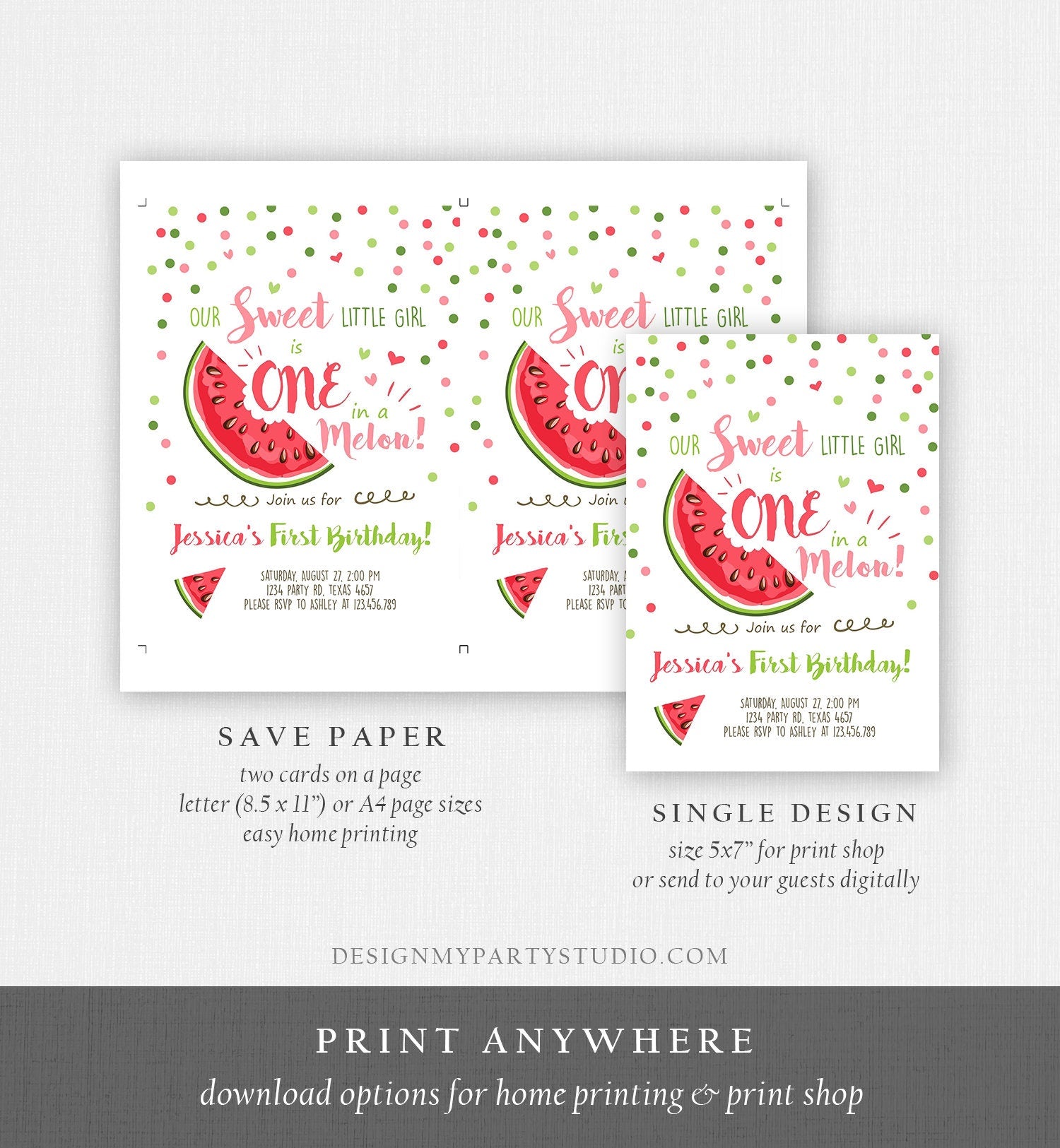 Editable Watermelon Birthday Invitation Girl Pink Red One in a Melon Party Summer Fruit First Birthday 1st Corjl Template Printable 0120