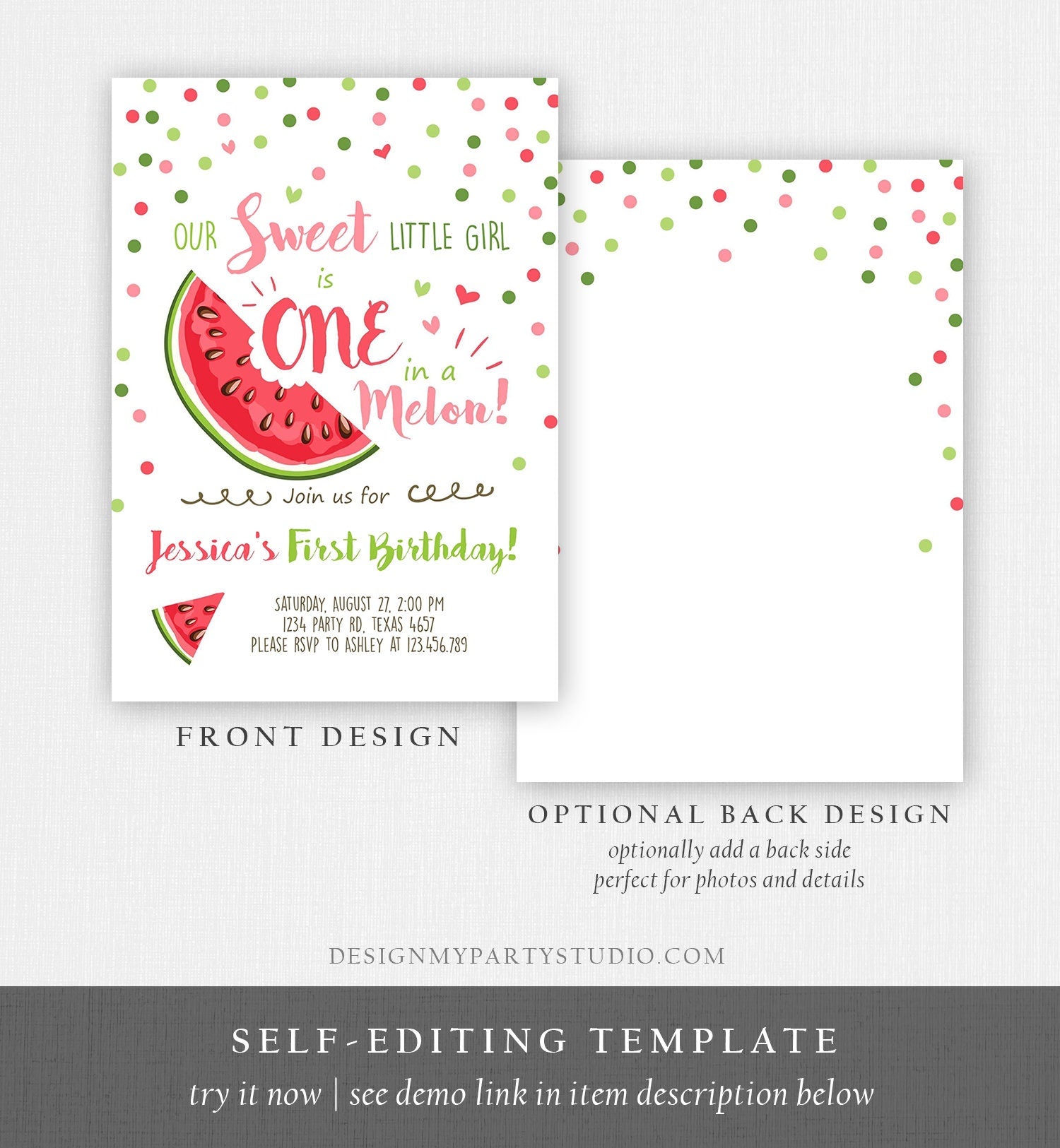 Editable Watermelon Birthday Invitation Girl Pink Red One in a Melon Party Summer Fruit First Birthday 1st Corjl Template Printable 0120