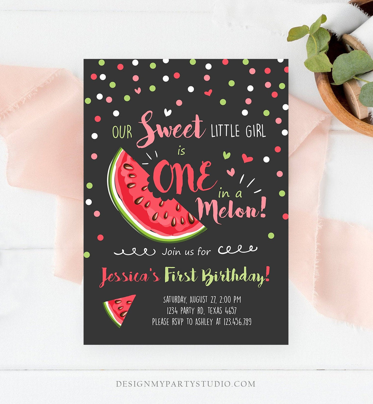 Editable Watermelon Birthday Invitation Girl Pink Red One in a Melon Party Summer Fruit First Birthday 1st Corjl Template Printable 0120