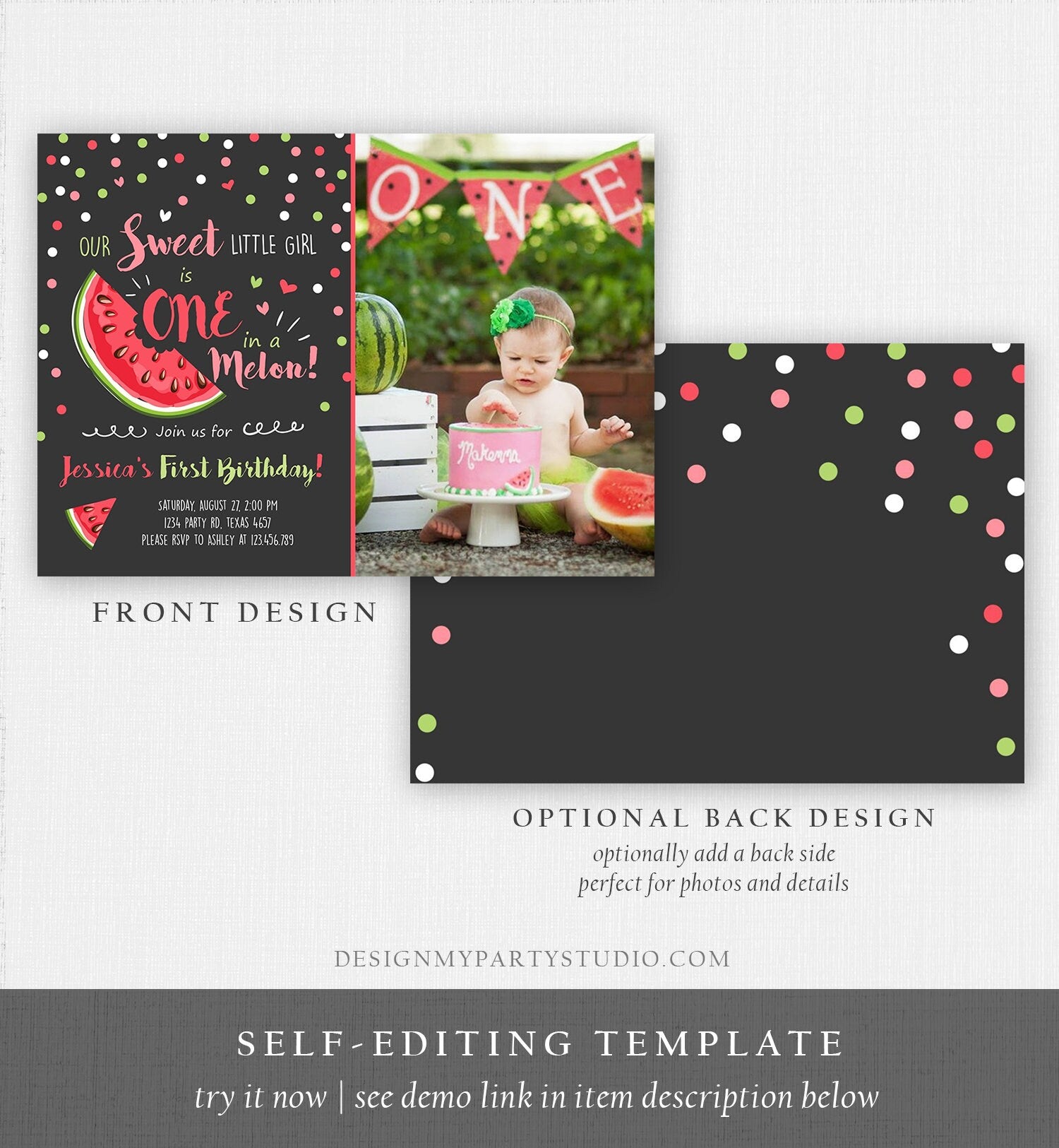 Editable Watermelon Birthday Invitation Girl Pink Red One in a Melon Party Summer Fruit First Birthday 1st Corjl Template Printable 0120