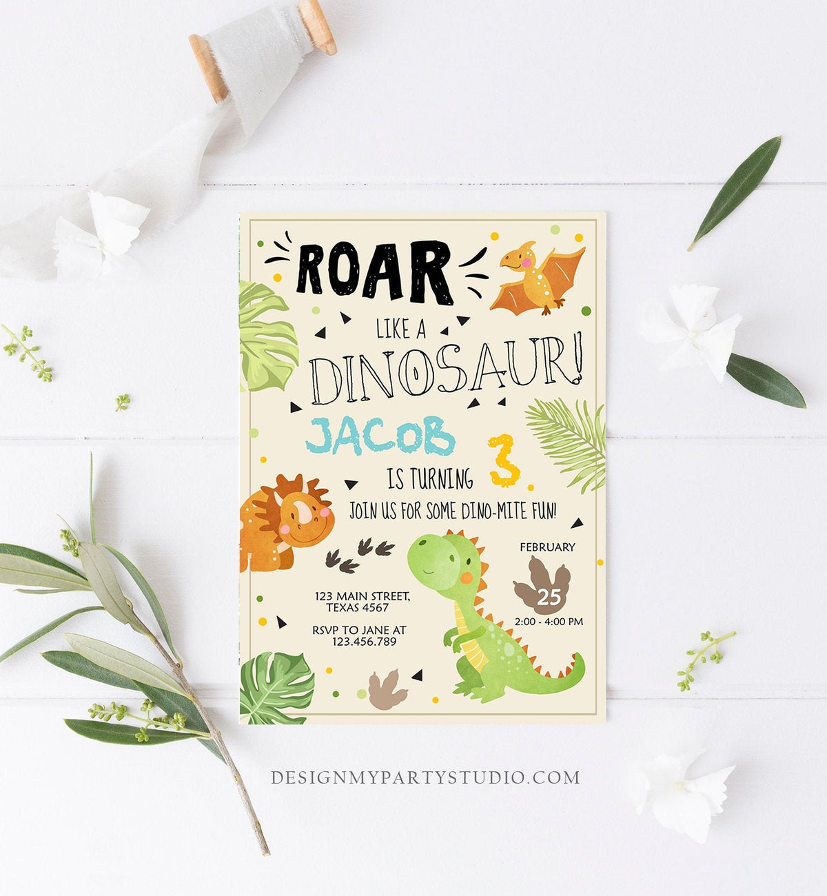 Editable Dinosaur Birthday Invitation Dino Dig Party Prehistoric Boy T-Rex Roar Fossil Party Digital Download Printable Template Corjl 0283