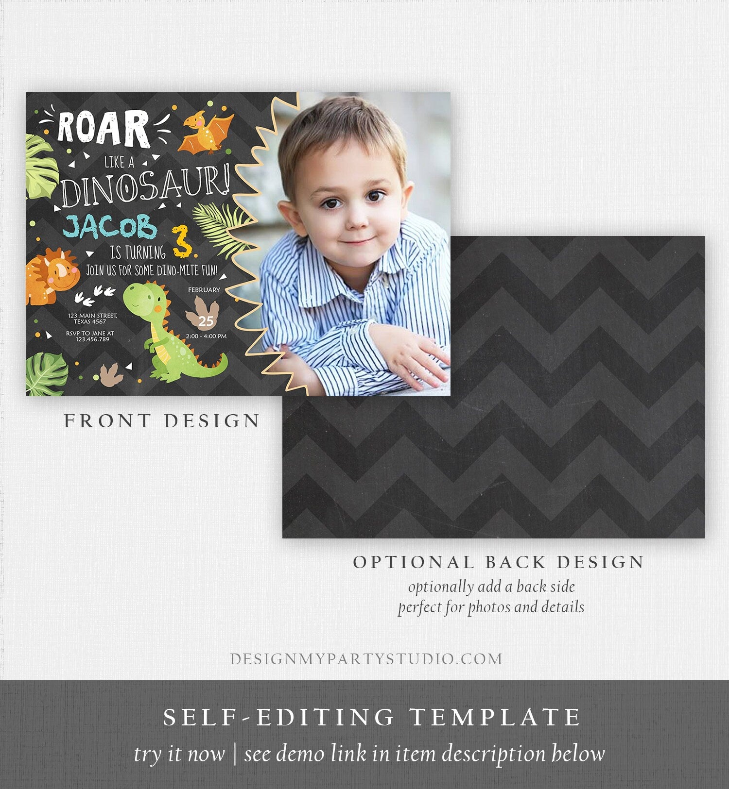 Editable Dinosaur Birthday Invitation Dino Dig Party Prehistoric Boy T-Rex Roar Fossil Party Digital Download Printable Template Corjl 0283