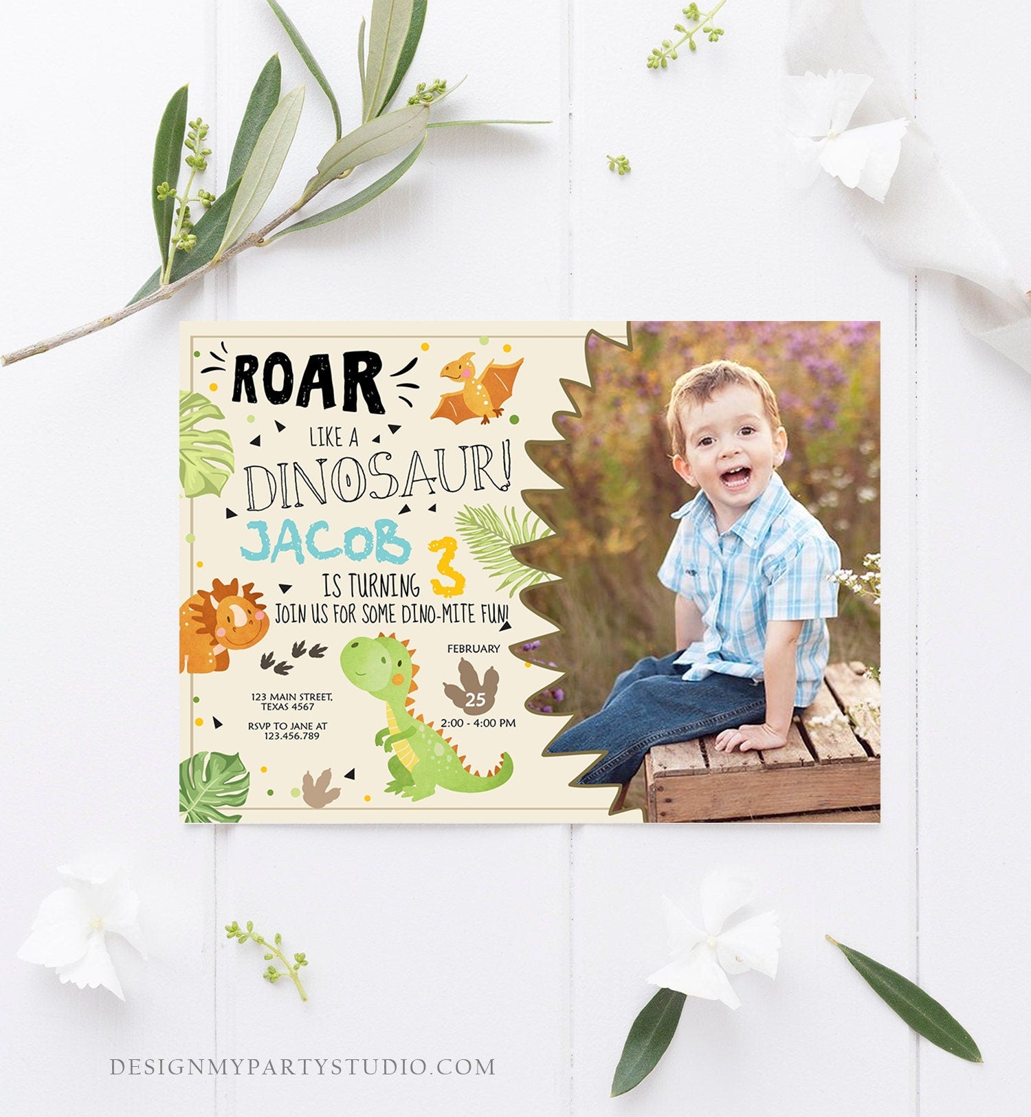 Editable Dinosaur Birthday Invitation Dino Dig Party Prehistoric Boy T-Rex Roar Fossil Party Digital Download Printable Template Corjl 0283