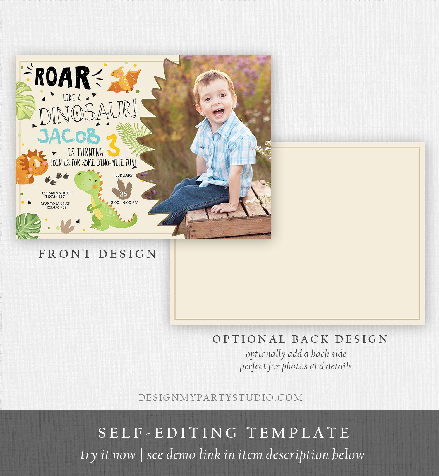 Editable Dinosaur Birthday Invitation Dino Dig Party Prehistoric Boy T-Rex Roar Fossil Party Digital Download Printable Template Corjl 0283