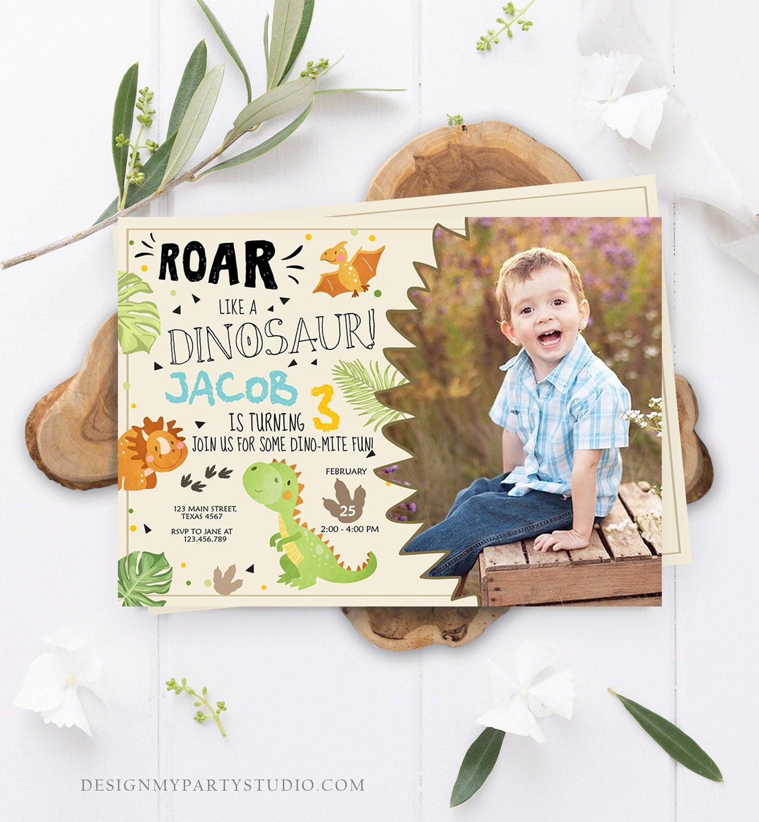 Editable Dinosaur Birthday Invitation Dino Dig Party Prehistoric Boy T-Rex Roar Fossil Party Digital Download Printable Template Corjl 0283