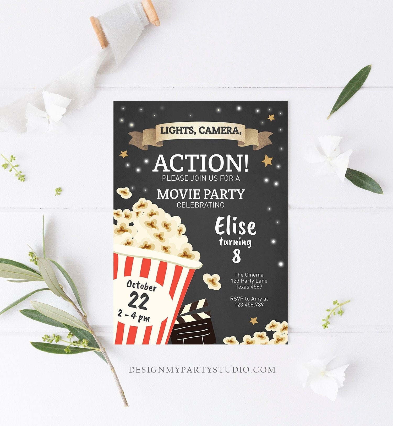 Editable Movie Night Birthday Invitation Boy Girl Movie Invite Cinema Party Backyard Movie Popcorn Download Printable Template Corjl 0182