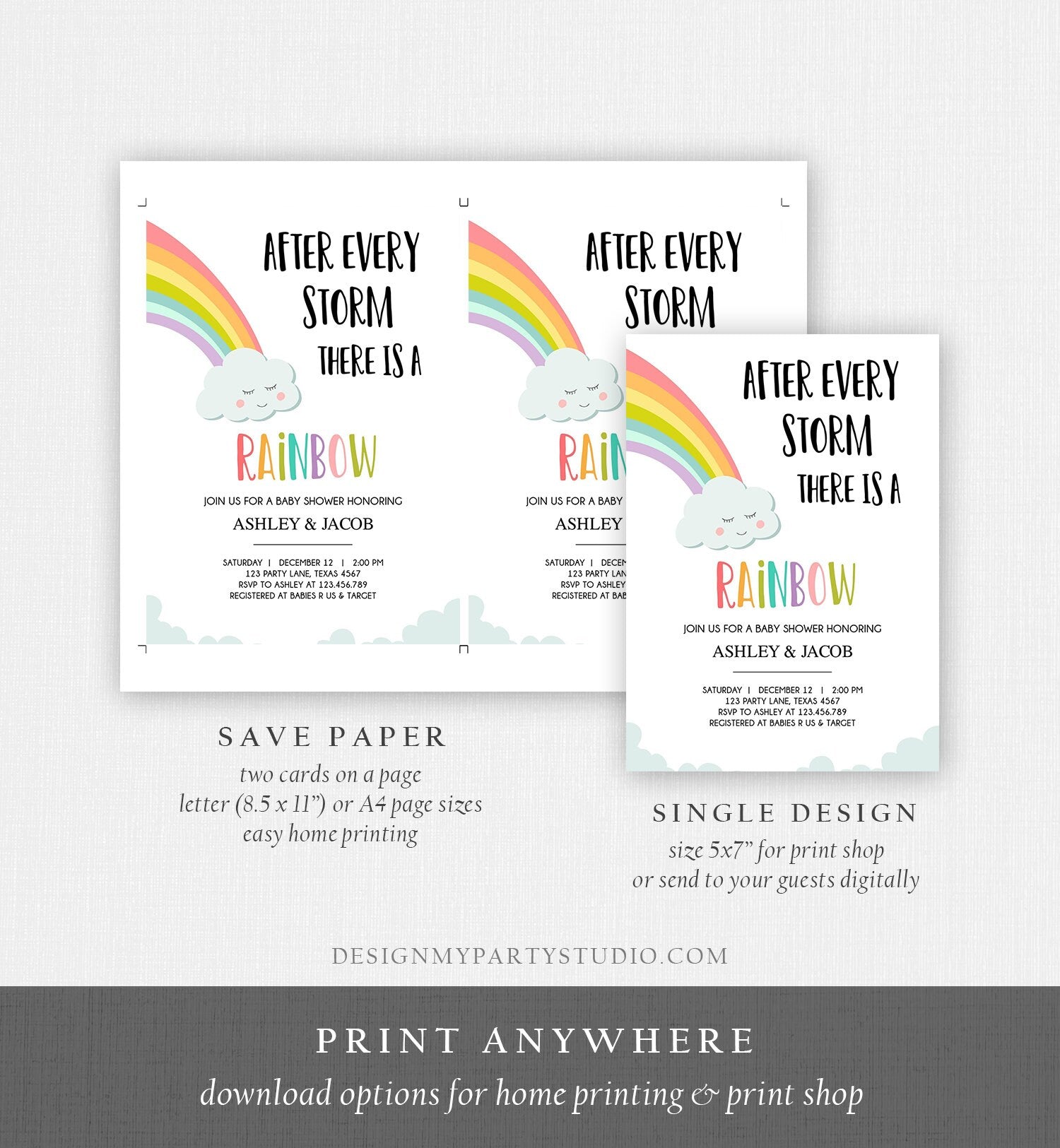 Editable Rainbow Baby Shower Invitation Rainbow Baby After a Loss Cloud Gender Neutral Digital Download Evite Template Printable 0233