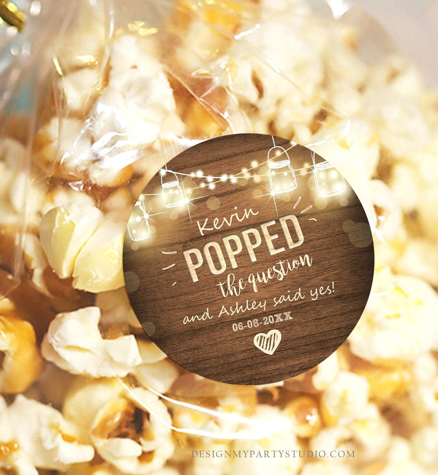 Editable Popped the Question Gift Tag Engagement Party Round Square Favor Tag Popcorn Sticker Bridal Shower Wedding Corjl Template 0015 0110